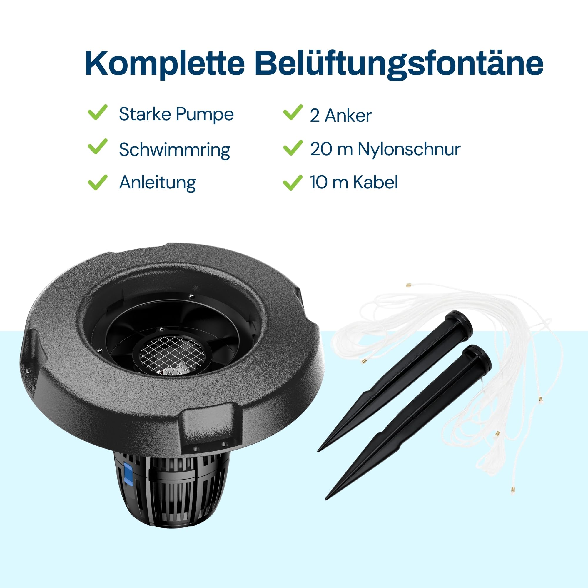 BluFountain - Elektrischer Schwimmender Teichspringbrunnen für Gartenteiche - Belüftung & Teichbelüfter - Wasserfontäne 3m Breit, 1m Hoch - Strömungspumpe, Fontäne - Schwarz - 20.000 L/h