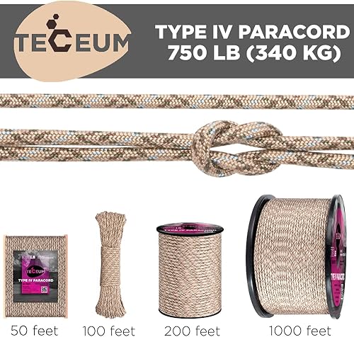 Miniatura 150 de TECEUM Cuerda de paracaídas de 750 libras – 1000 pies / 200 pies / 120 pies / 100 pies / 50 pies – Cuerda de paracaídas para campamento, Camuflaje