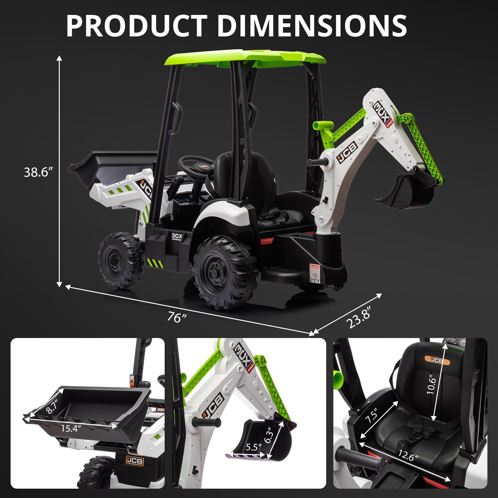 Zstar Tracteur électrique 4 en 1 pour Enfants 12V – Pelleteuse, Bulldozer, télécommande, klaxon, Plafond Amovible – Jouet véhicule excavateur, Vitesse 2-4 km/h – Blanc et Vert