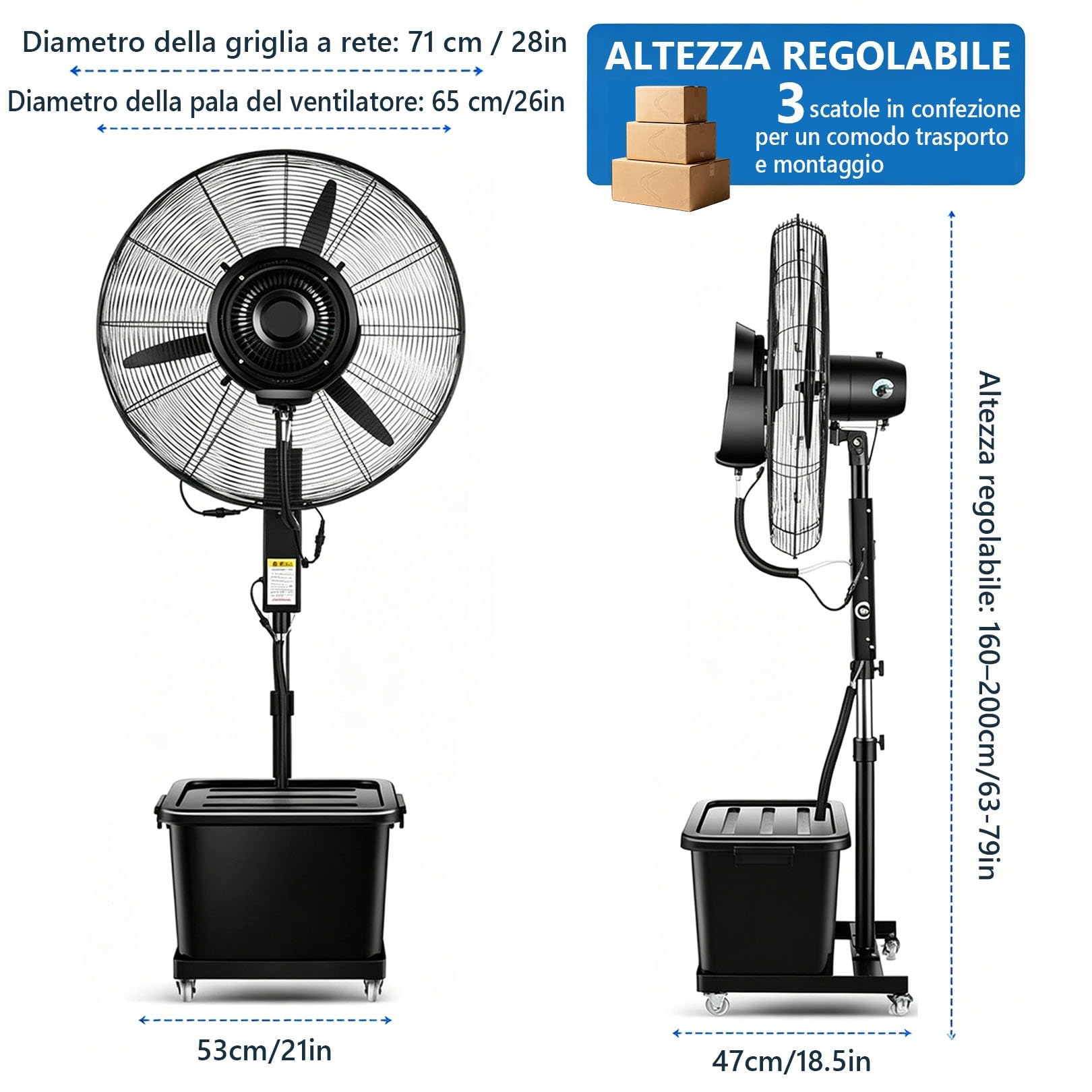Ventilatore Nebulizzatore 42L, Alta Velocità Industriale con 3 Velocità e Regolazione Nebbia, Oscillazione 90°, Altezza Regolabile 160‑200cm, per Raffreddamento Esterno su Patio, Officina(71cm/28in)