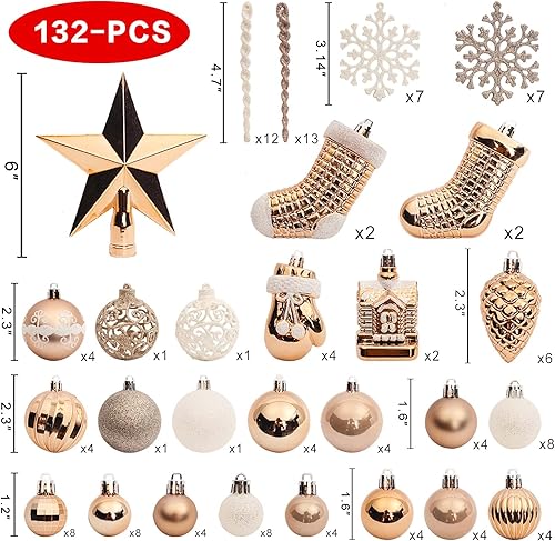 Miniatura 2 de ROSELEAF Juego de adornos tradicionales para árbol de Navidad, 132 piezas, color blanco con detalles azules, adornos colgantes de plástico