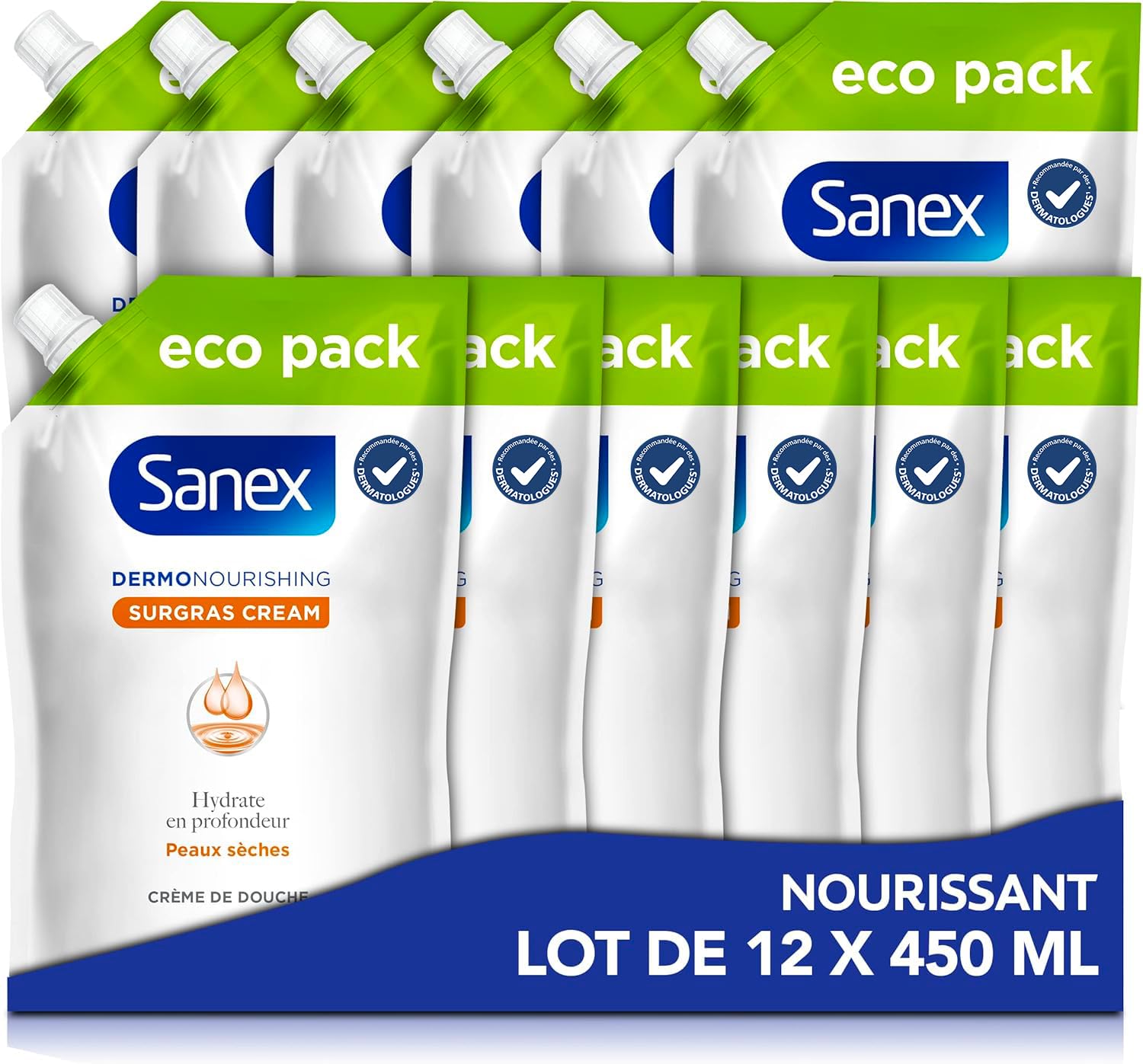 SANEX - Dermo Nutriente Surgras- Gel Doccia Formula Crema - Per Tutta La Famiglia - Sviluppato Con Dermatologi - Idrata in Profondità la Pelle Secca - Confezione da 12 ricariche Ecopacks X 450 ml