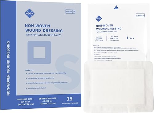 Sterile Non Woven Island Wound Dressing 6 X 8 inch,Extra Large Cover with Adhesive Bordered Gauze Pads,Breathable and High Absorbent Non-Stick