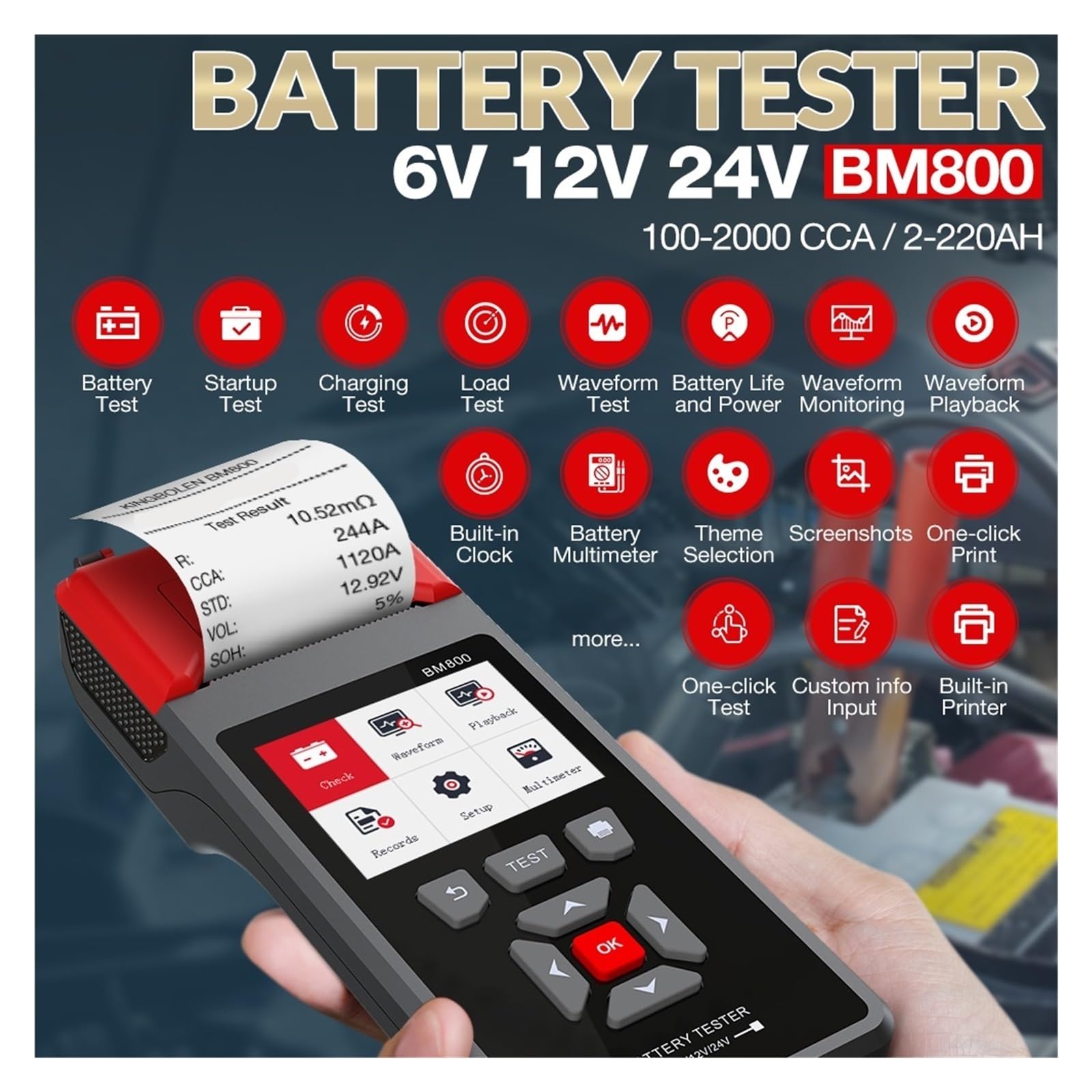 Tester Batteria For Auto Con Stampante Analizzatore Batteria 6V 12V 24V Test Di Avviamento Test Di Ricarica Test Di Carico Massimo Facile Da Usare