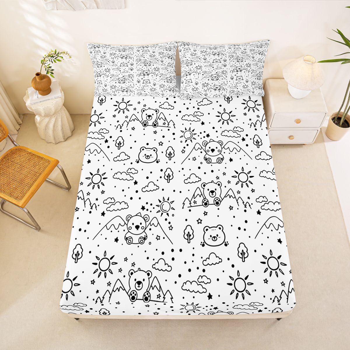 Loussiesd Drap Housse 180x200cm Mignon Ours Mignon Animaux Imprimered Drap-Housse Dessin animé Modèle pour Matelas Épais jusqu'à 30 cm Polyester Microfibre