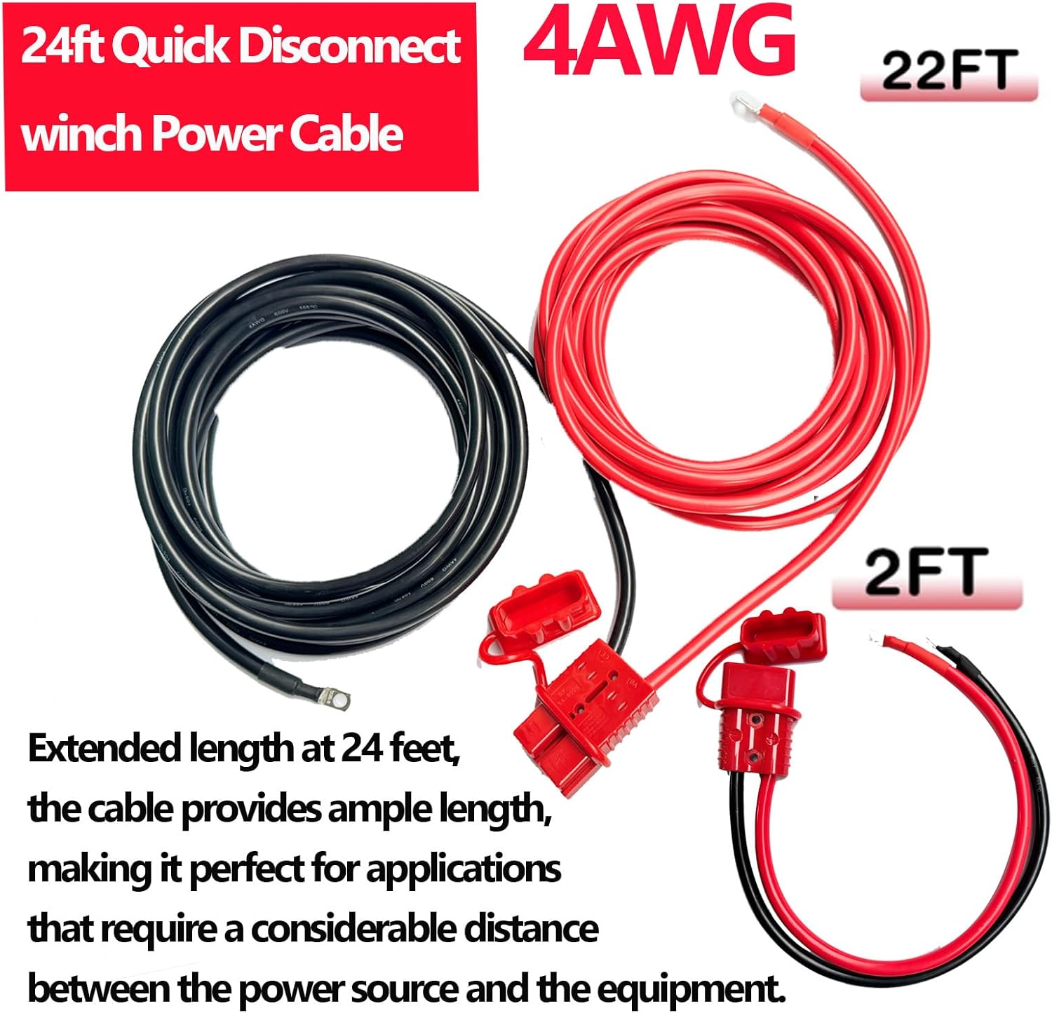 Quick Disconnect Winch Power Cable,24 FT 4 Gauge 4 AWG, Heavy Duty Quick Disconnect Cables with Quick Connect Plugs, for a Wide Range of Winching Applications