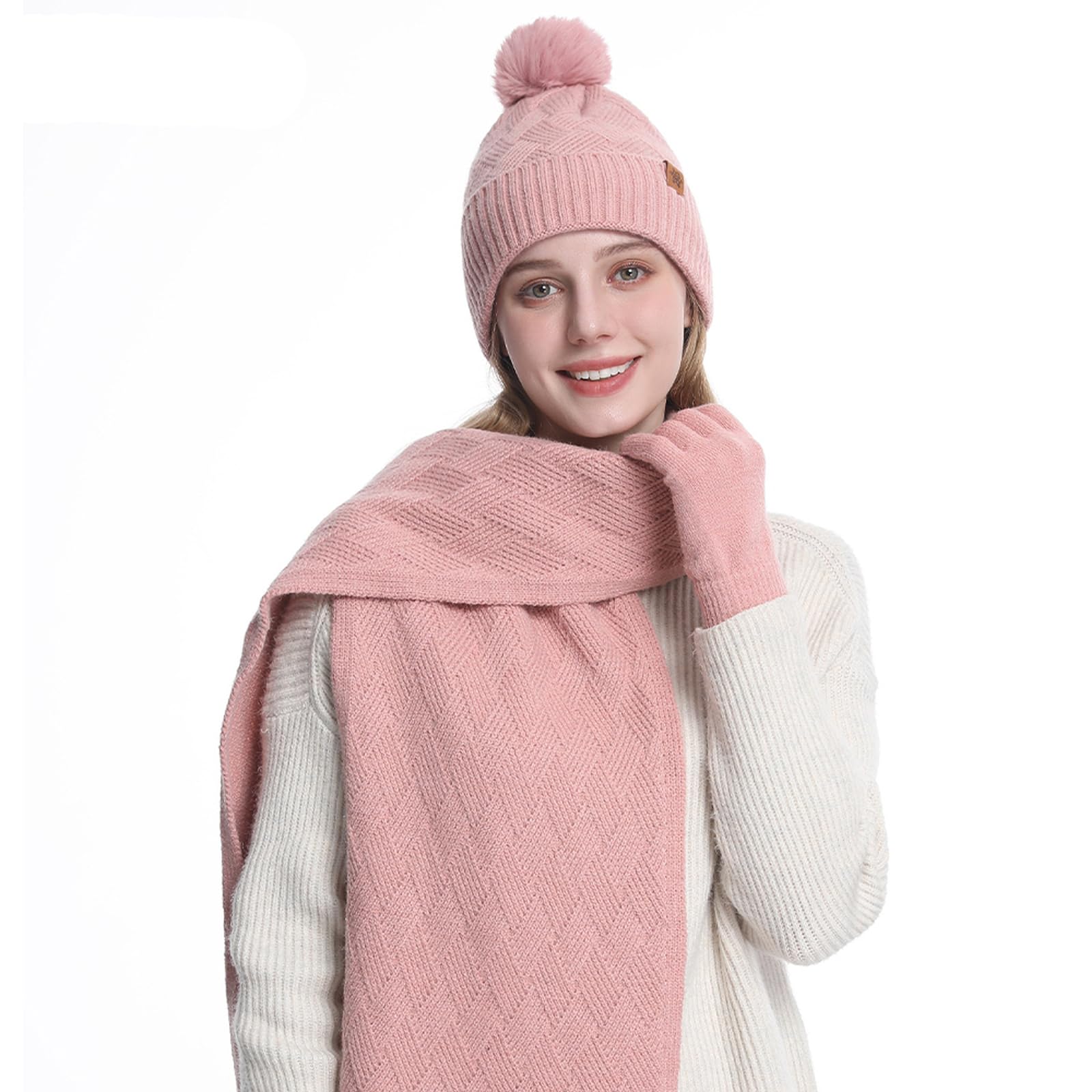 MAZELIKEHOOD Set Sciarpa Cappello Guanti Donna Inverno Caldo Cappello di Bobble con Sciarpa a Maglia e Guanti Tessuto Morbido e Comodo Accessori Moda Invernale Ideale per Regalo di Natale