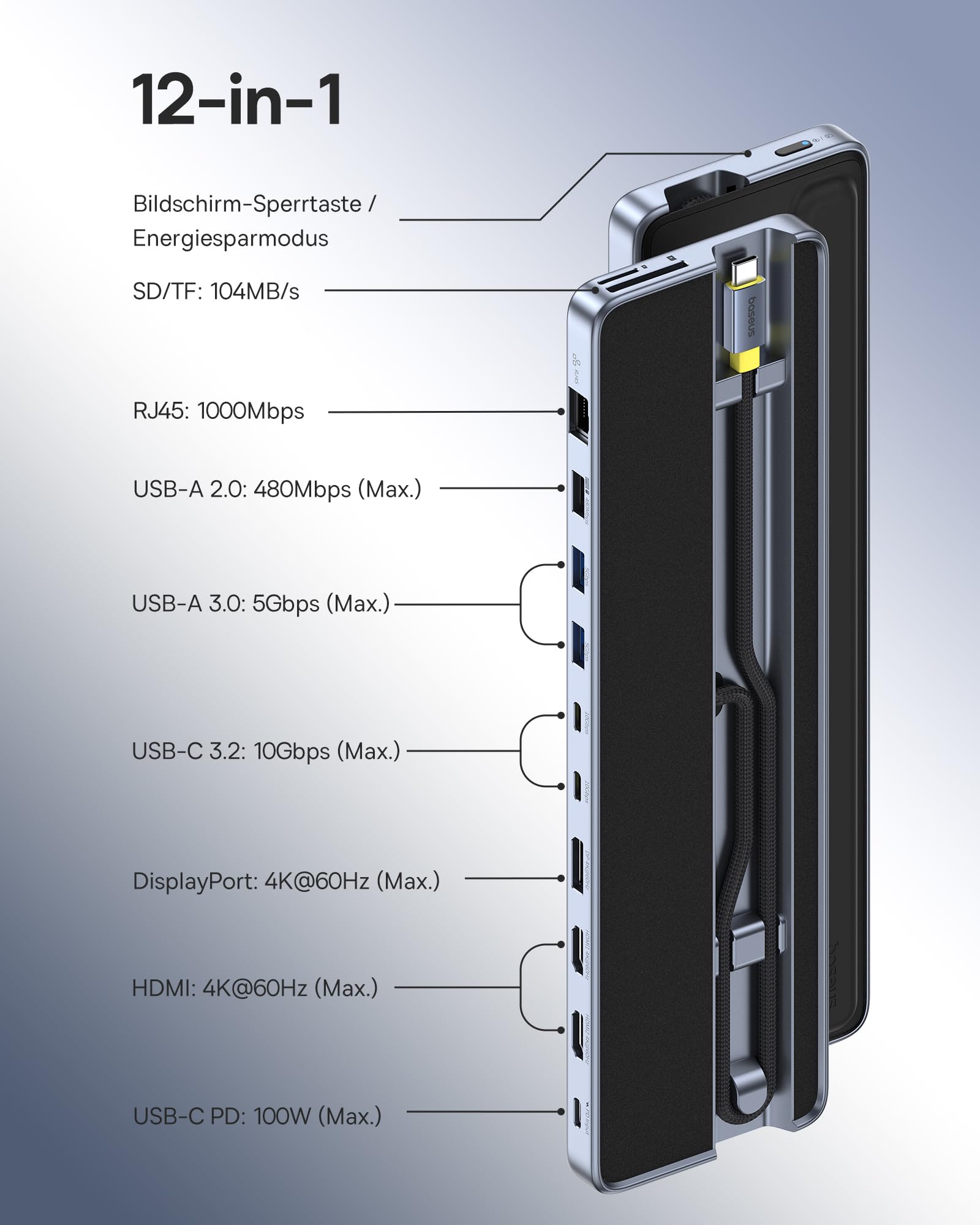 Baseus Laptop-Dockingstation-Ständer, 12-in-1, HUB Dreifaches 4K-Display, HDMI/DP, 10 Gbit/s USB A/C, schnelle Datenübertragung, PD 100W, Ethernet, TF/SD, Docking Station USB C mit Ständer für Windows