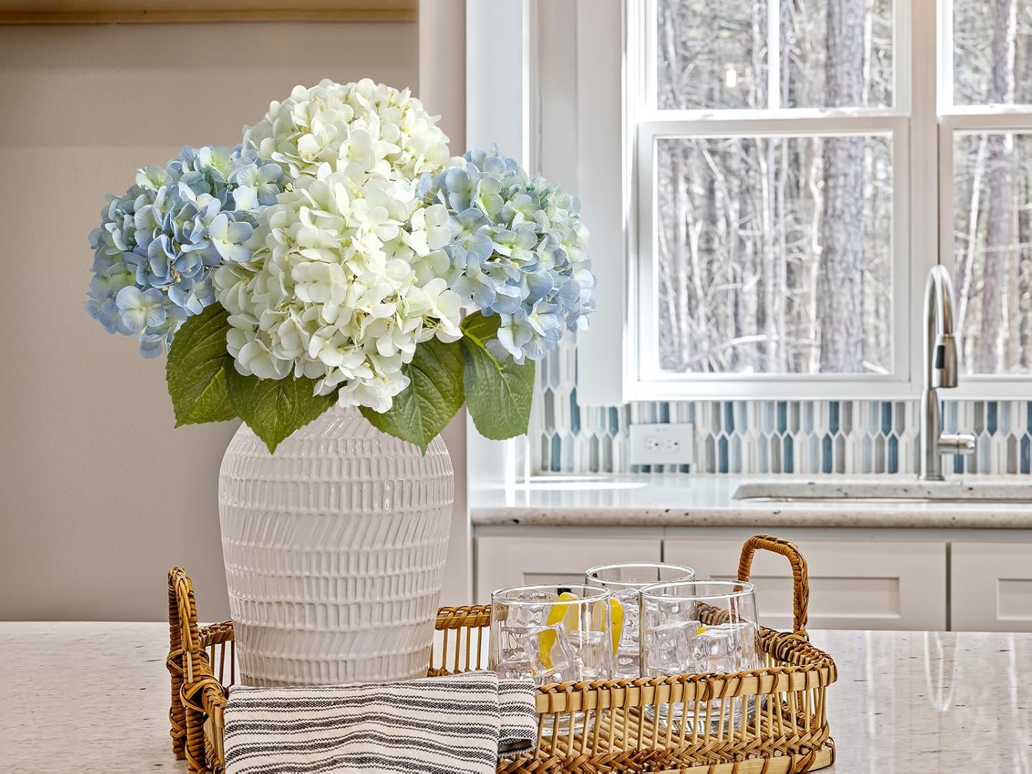 2PCS White & 2PCS 20" Light Blue Hydrangea Artificial Flowers Real Touch Faux Hydrangeas with Long Stem for Spring Home Decor Baby Shower Floral Arrangement Kitchen Party Wedding Xmas Decor White/Light Blue