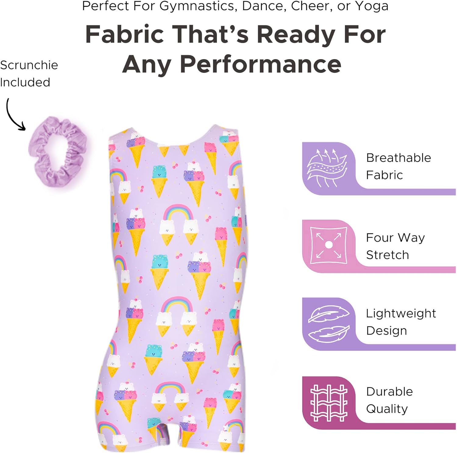 Destira Bear-y Chill Gymnastics Unitard for Girls, Purple Tank Biketard with Bear Ice Cream Cone Design & Matching Scrunchie - Image 4