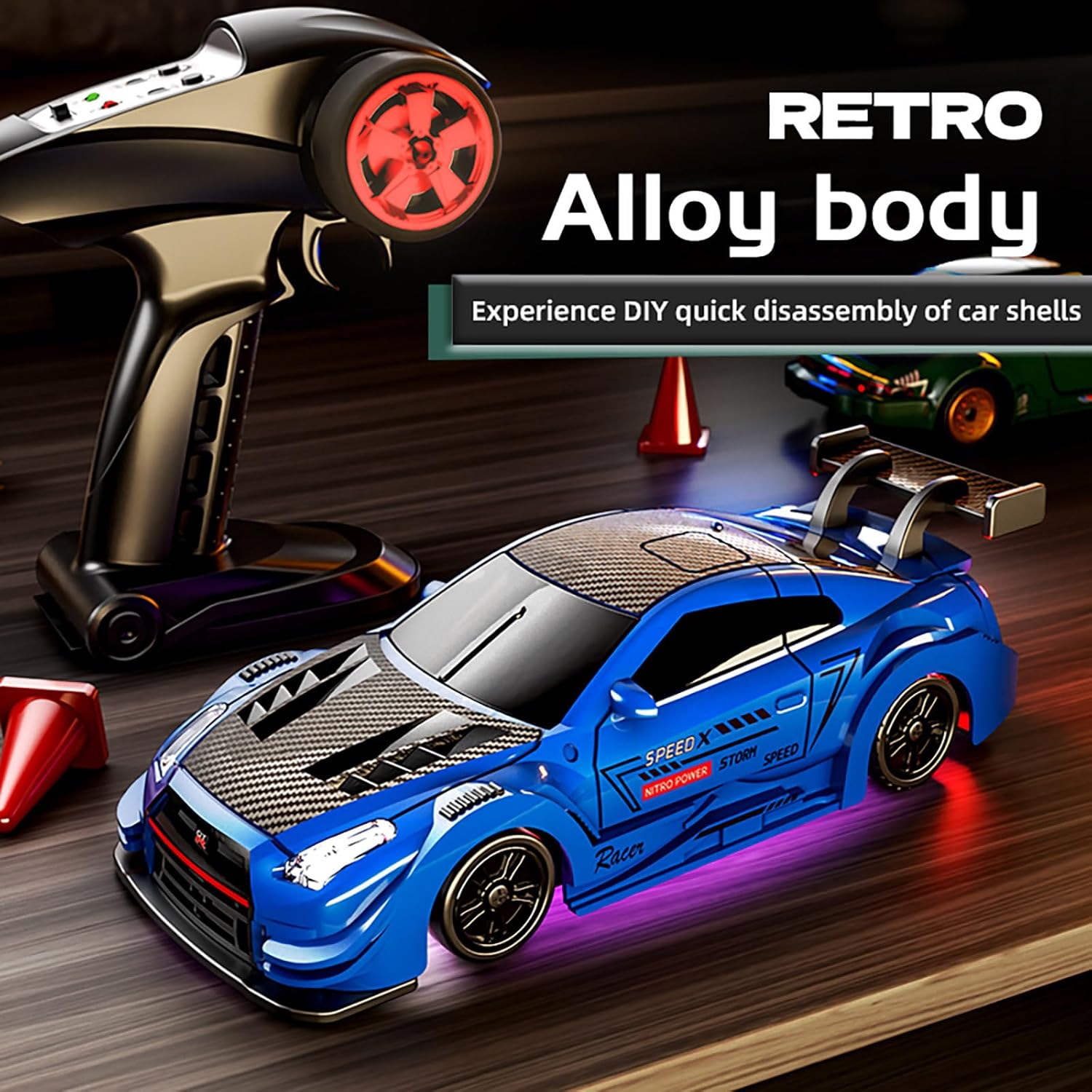 88RC 1:43 Alloy Remote Control Mini Drift Car, 2.4GHz 4WD High-Speed RC Car with DIY Detachable Body & Multi-Light Modes, Desktop Racing Hobby for Adults & Collectors (Blue)