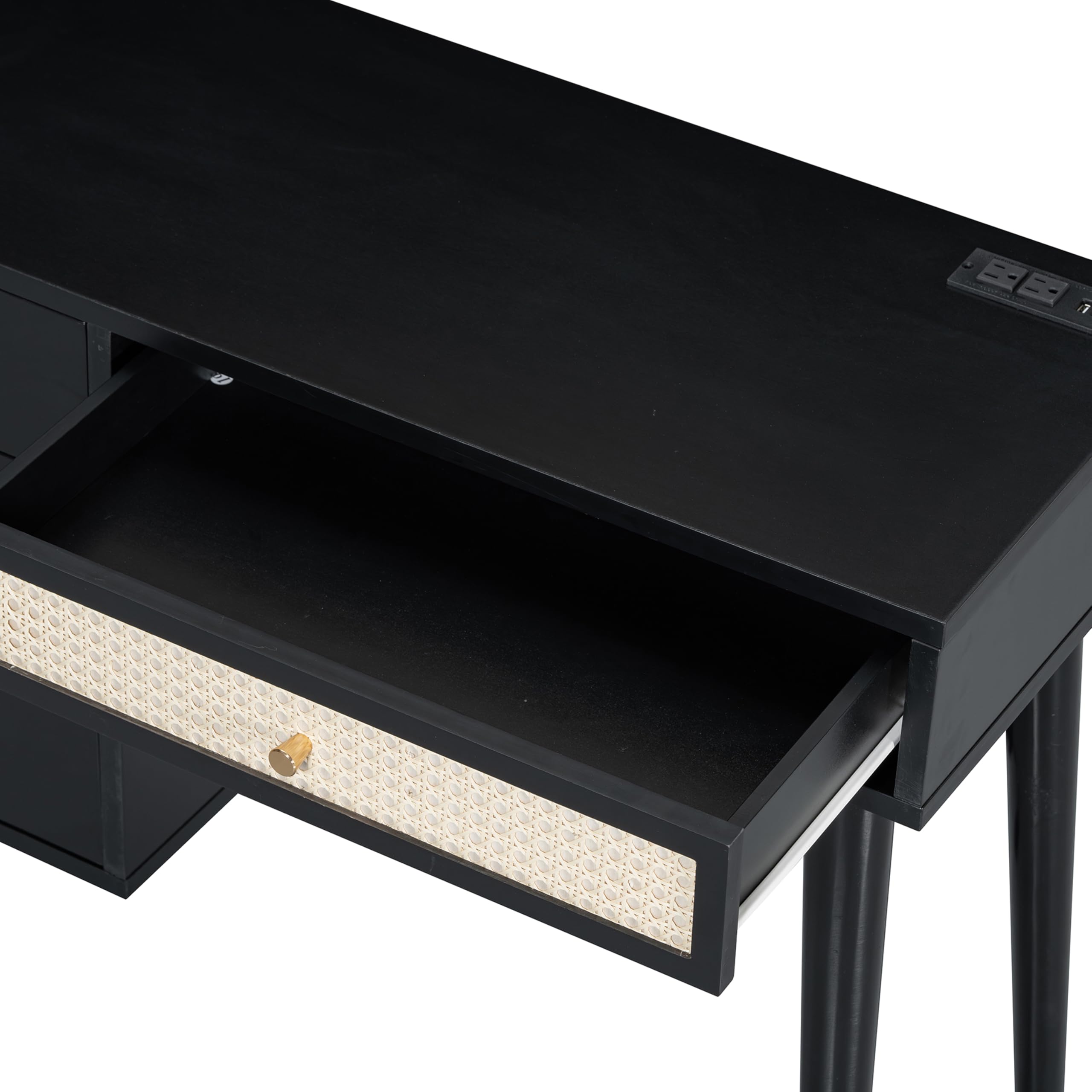 Makeup Vanity Desk With Stool - Bohemian Dressing Table With Rattan Drawer, Power Outlet & USB, Black