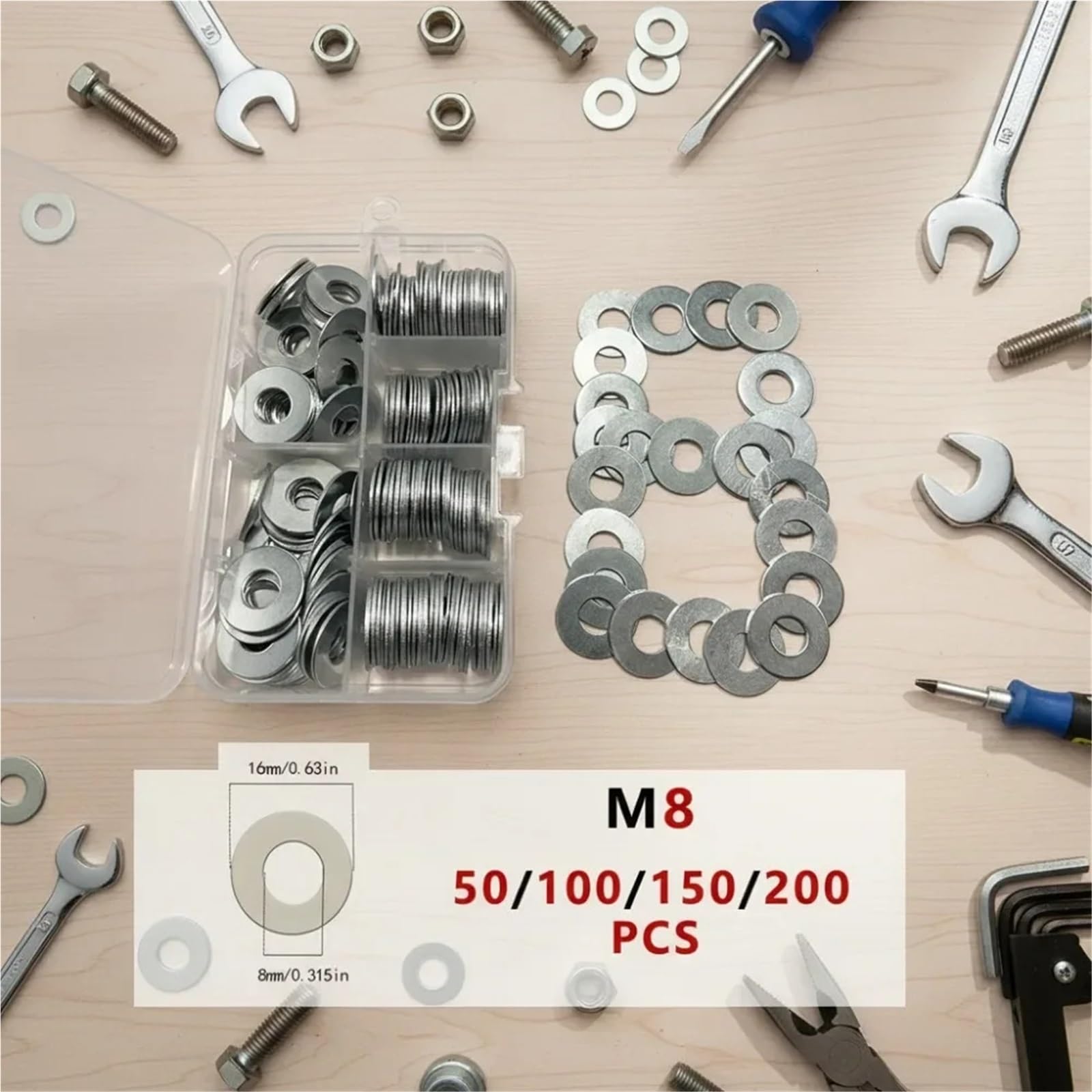 Arandela plana M8 de acero inoxidable 304, juego juntas y espaciadores metal liso for mantenimiento industrial Para tornillos, tuercas(150PCS)