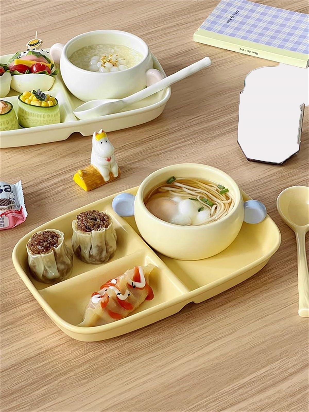 Assiette divisée + Bol à soupe + Cuillère | Assiette à dîner en céramique à 3 compartiments, assiettes de contrôle des portions for plats de dîner for adultes, lavable au lave-vaisselle ( Color : Whit