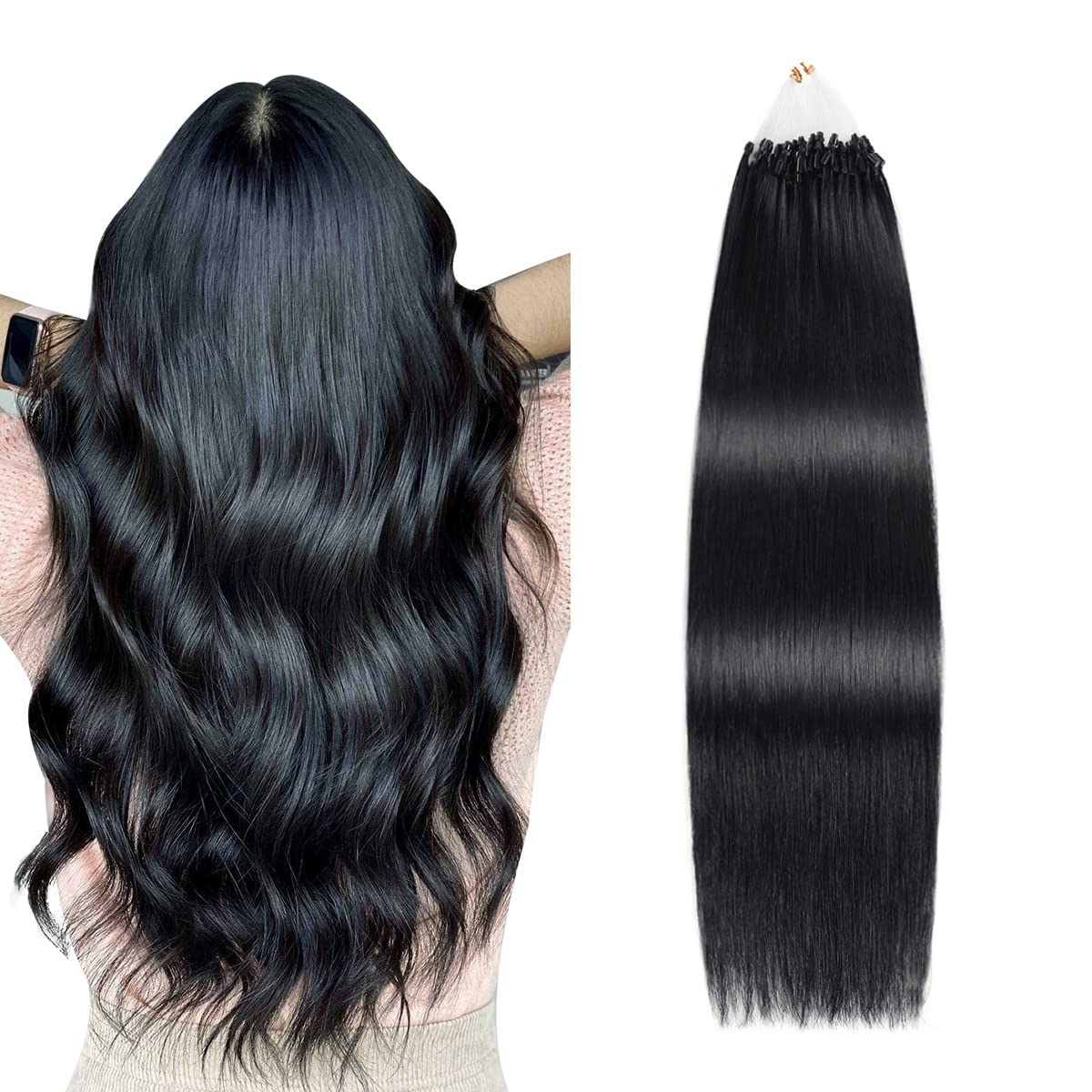 SUYYA Microlink Hair Extensions Human Hair Jet Black Micro