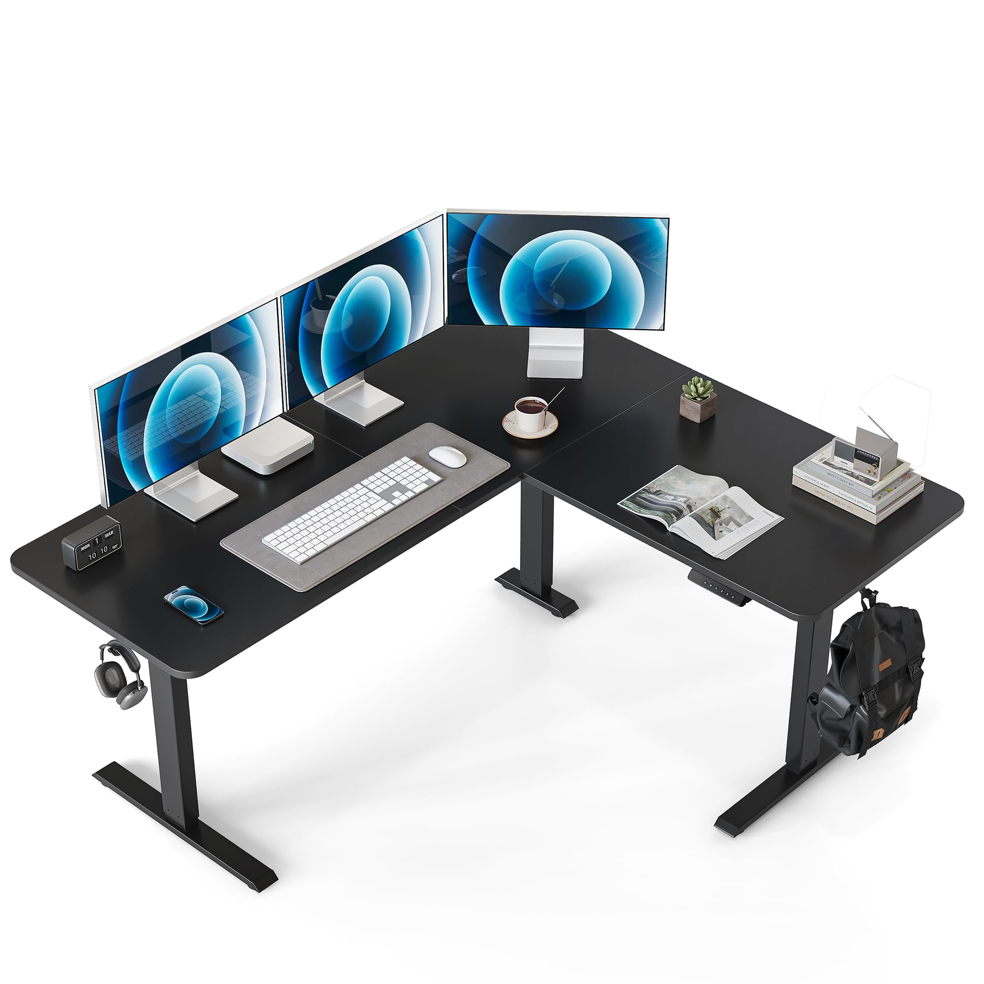 FEZIBO L Shaped Electric Standing Desk, 160 * 120 cm Adjustable Height Stand Up Table with Single Motor, for Home Office with Black Top