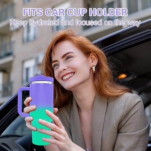 Miniatura 6 de Vaso de 40 onzas con asa y tapa con pajilla, taza de viaje aislada al vacío de doble pared de acero inoxidable con funda de silicona, taza de