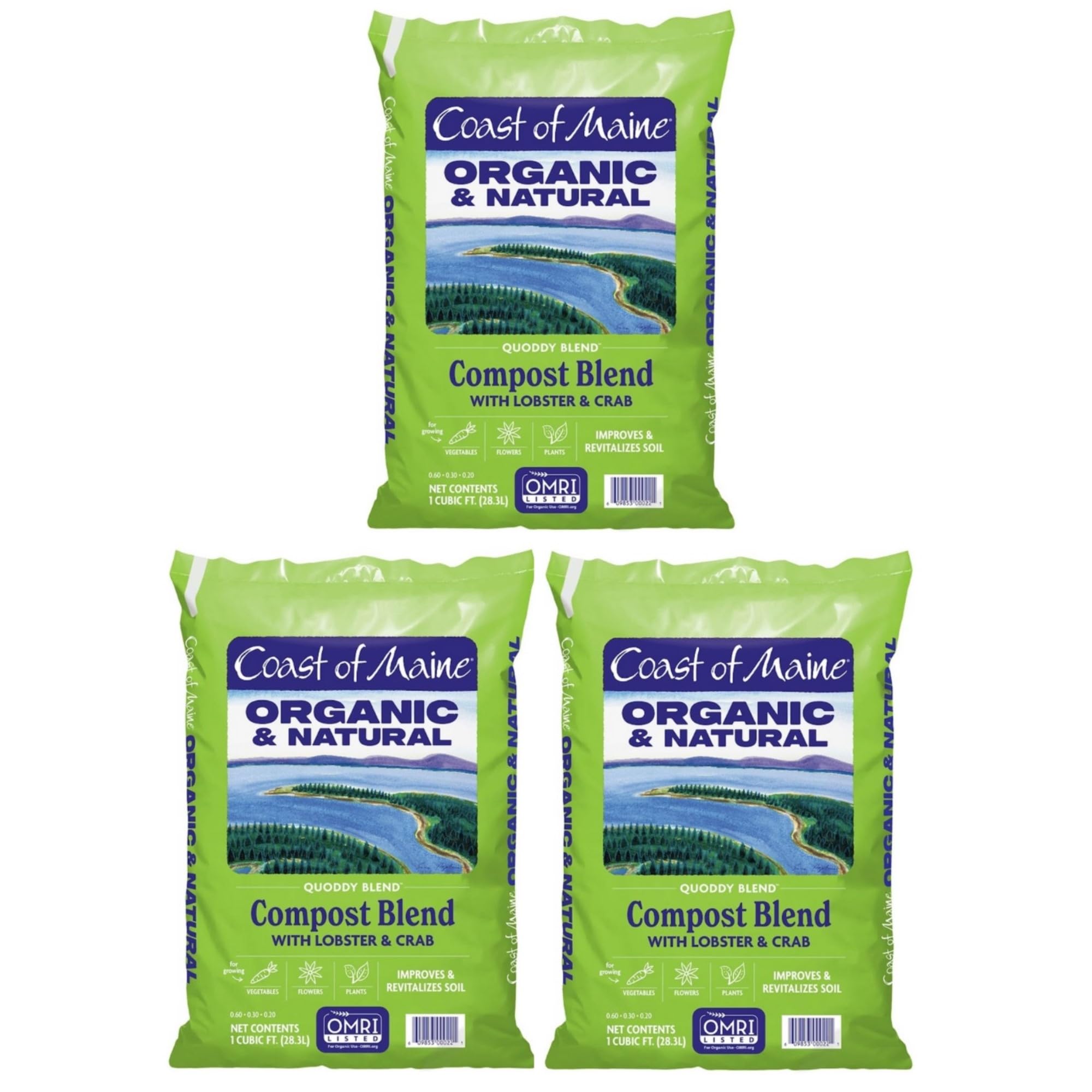Coast of Maine Quoddy Blend, 1 cu ft (3 Pack) Organic and Natural Compost Blend with Lobster and Crab - Improves and Revitilizes Soil