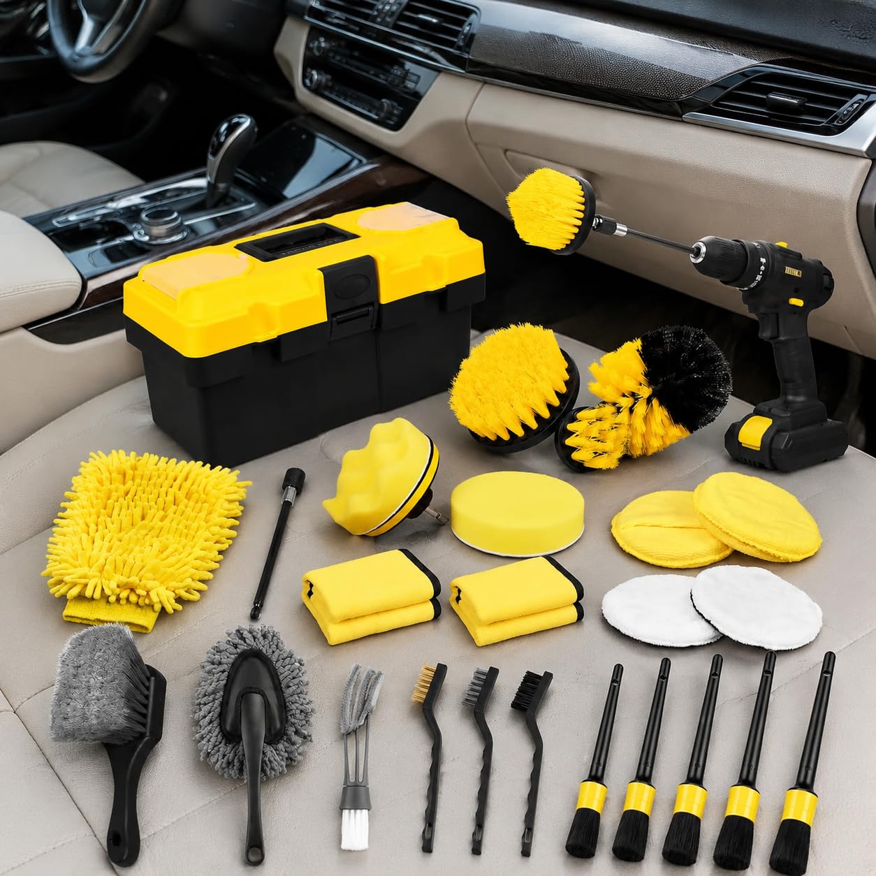 27-teilig Auto Reinigungsset, Autowaschbürste Bohrmaschine, Detailing Set für Innen & Außen, Autopflege Set komplett, Gelb