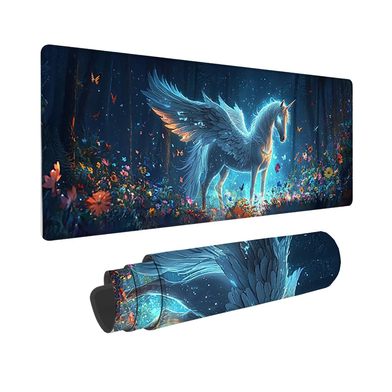 Podkładka pod mysz do gier XXL duża mysz 1600 x 800 mm, duża podkładka pod biurko z antypoślizgową gumową podstawą dla graczy, poprawia precyzję i szybkość (jednorożec las) o-676