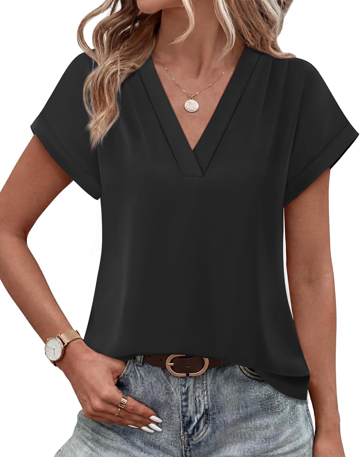 Timeson Womens Summer Tops Dressy Casual Short Sleeve Women Blouses V Neck Work Office Shirts - Image 2