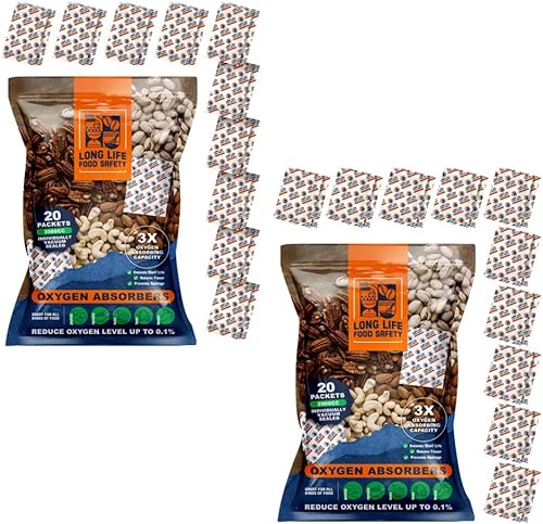 Absorbentes de oxígeno de 3000 cc y 2000 cc para almacenamiento de alimentos (20 paquetes, sellados individualmente al vacío), 3 veces capacidad de
