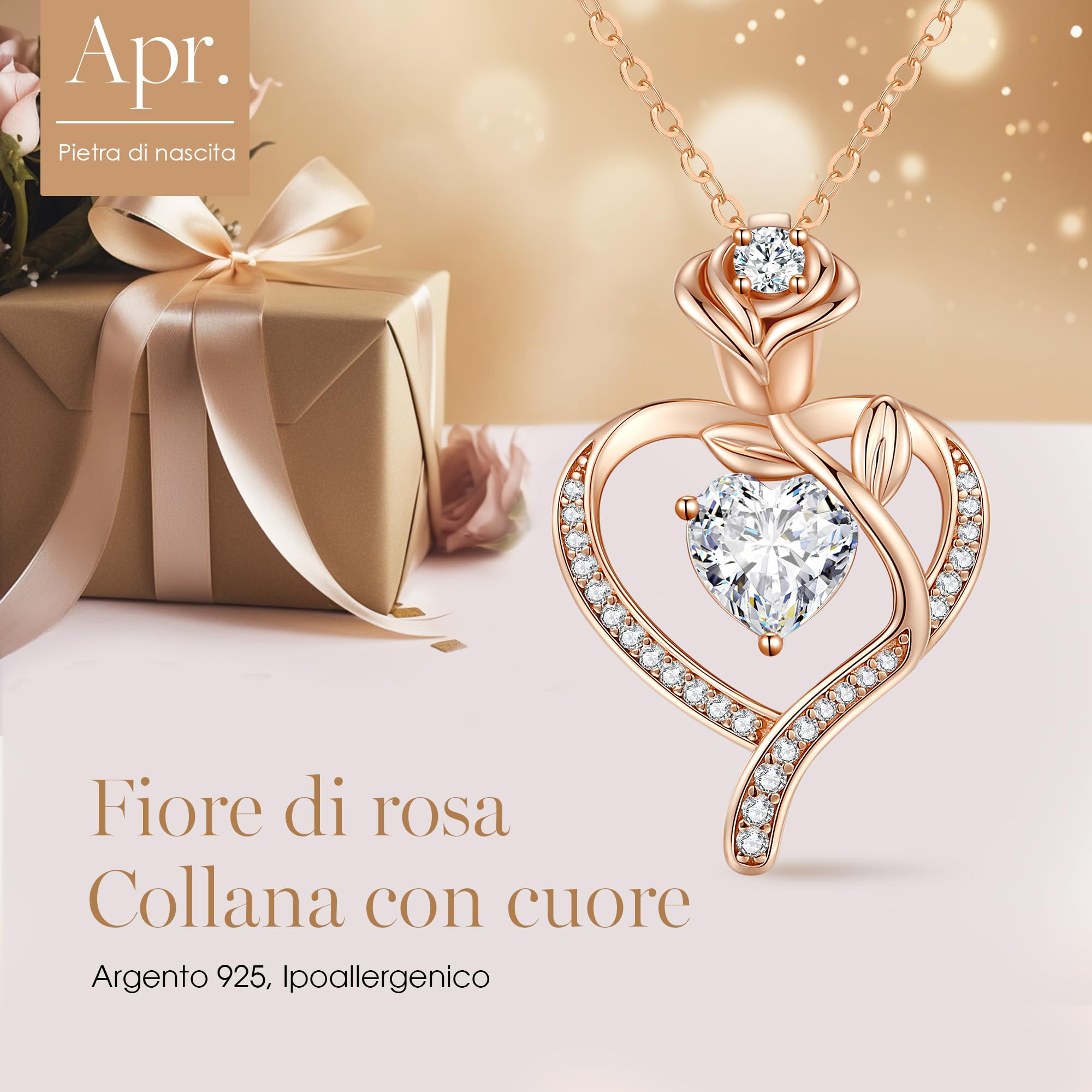 CDE Collana Donna Collana Cuore in Oro Rosa Gioielli Donna, 925 Sterling Silver Collana Pendente Anniversario Compleanno San Valentino Regalo di Natale per donne Moglie Mamma Fidanzata