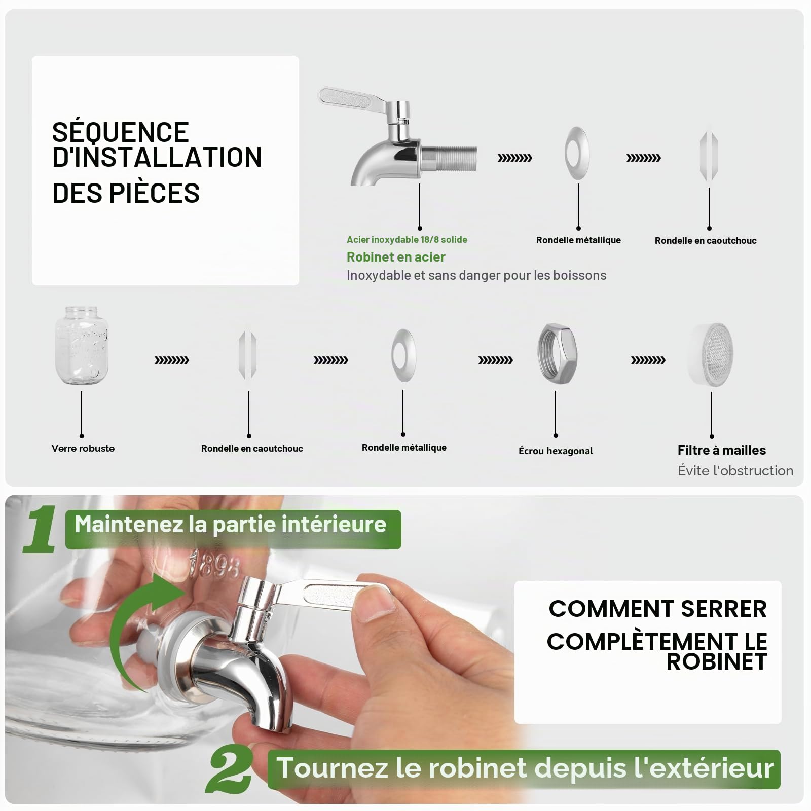 Distributeur de boissons en verre avec support, distributeur de boissons de 3,8 l pour fêtes avec porte-gobelet, comprend un infuseur à glace et à fruits, un robinet en acier inoxydable 18/8