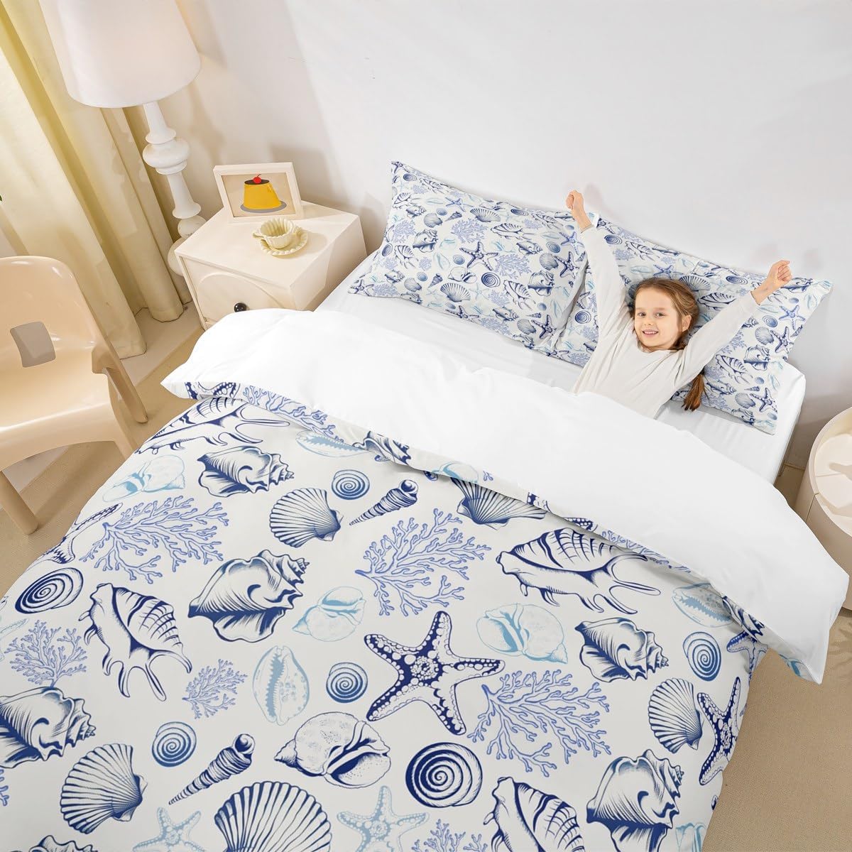 Coastal Duvet Cover Set Queen Size,Beach Seashell Starfish Coral Bedding Set 3Pcs,Sea Ocean Theme Comforter Cover for Kids Teens Adult Bedroom Decor,Navy Sketch Nautical Quilt Cover,(Not Comforter) - Image 6