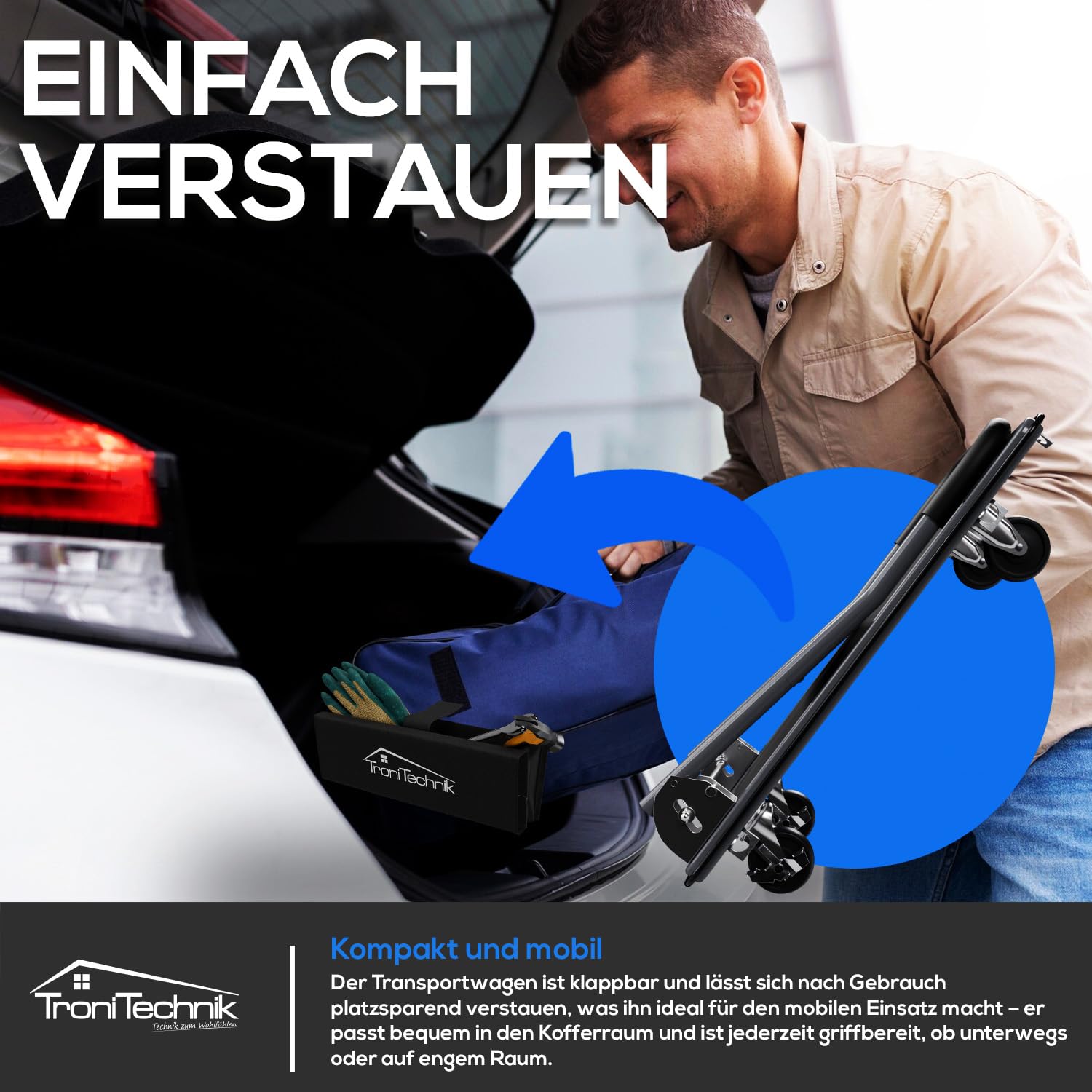 TroniTechnik® Transportwagen Paketwagen Plattformwagen klappbar mit Lenkrollen 150 kg Tragkraft mit Antirutschbeschichtung, Griffpolster, Halterungen - Ladefläche 72x48 cm