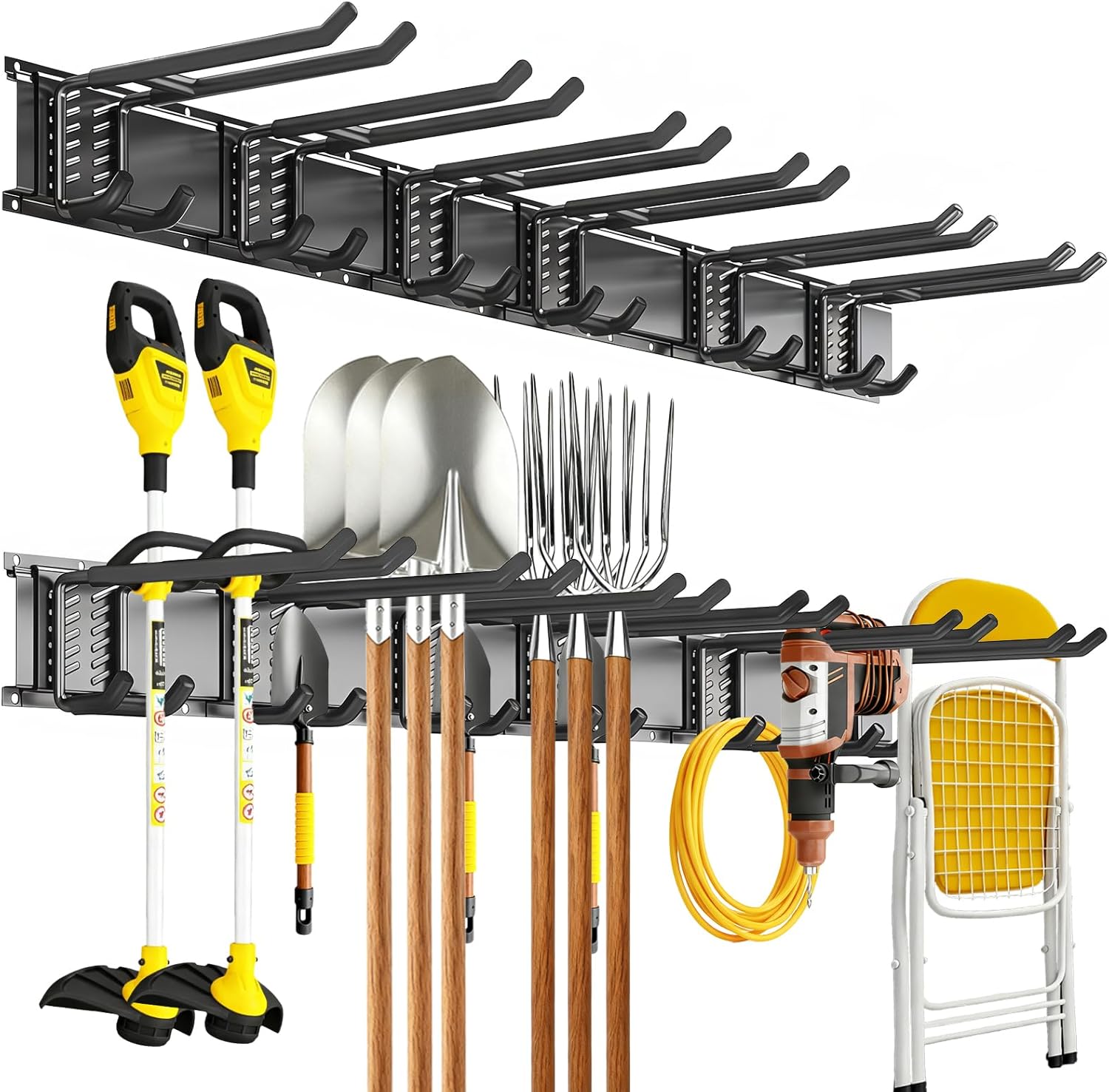 garage tool organizer wall mount, 48inch heavy-duty garage storage system and garden tool organizer with 6 adjustable double hooks for shovel, snowboard, yard tools and shed 48"-6double hook