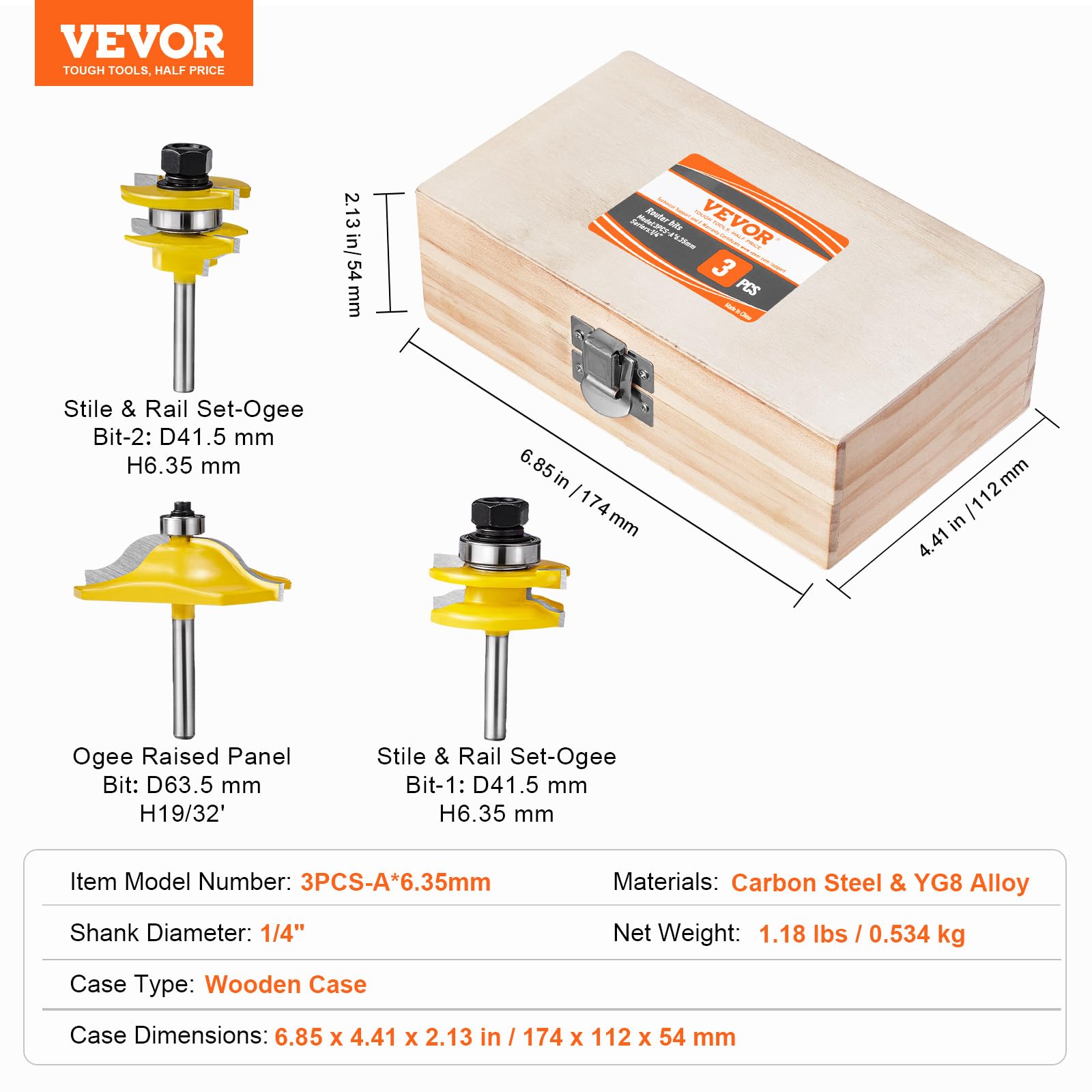 VEVOR Fräser-Trio, 3-teilig, langlebige Hartmetallspitzen, 1/4-Zoll-Schaft, inkl. Aufbewahrungskoffer aus Holz, ideal für Holzarbeiter aller Niveaus, geeignet für Holz, MDF, Spanplatten und Sperrholz