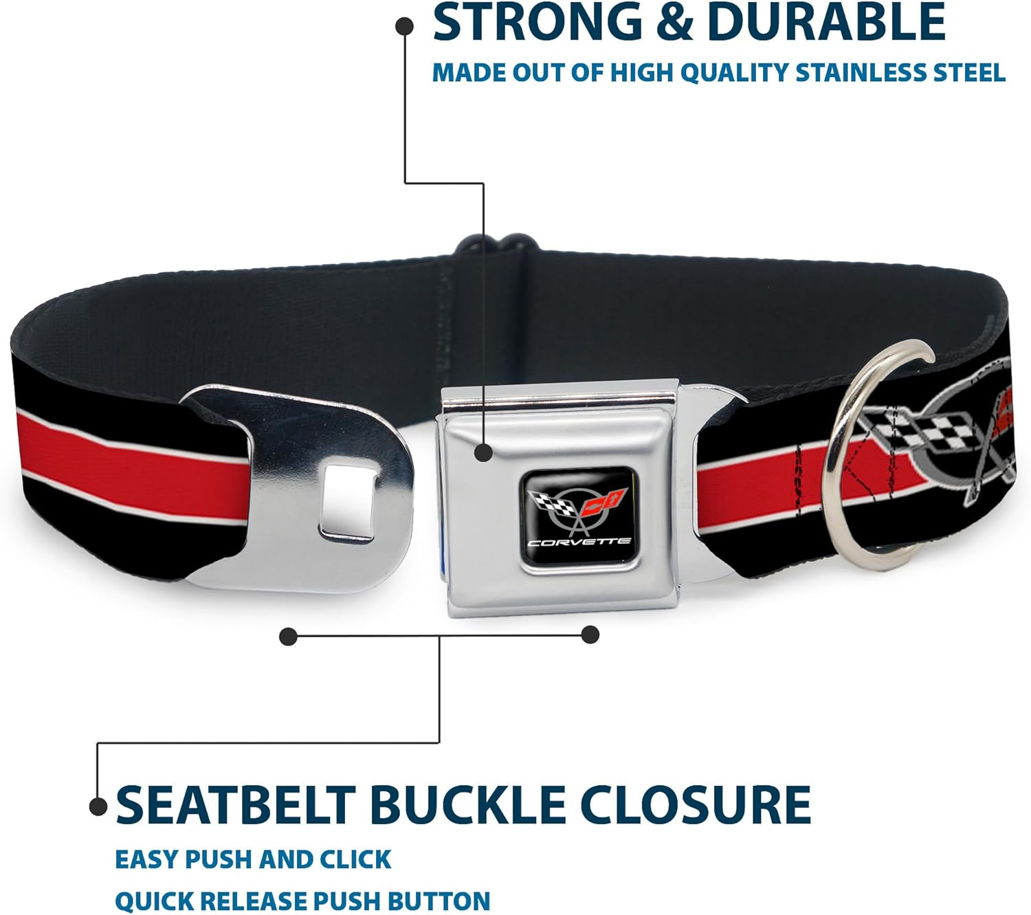 Buckle-Down Dog Collar Seatbelt Buckle Corvette C5 Logo Stripe Black White Red Gray Repeat 18 to 32 Inches 1.5 Inch Wide