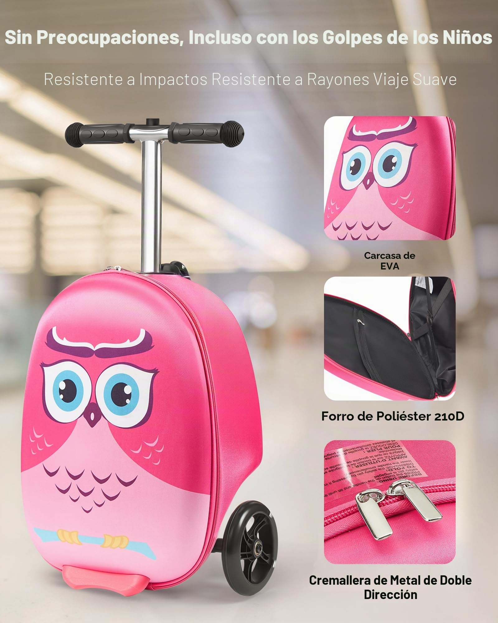 VEVOR Maleta Patinete Infantil 315x670x790 mm Capacidad de 20 L con Ruedas de Poliuretano Asa Ajustable Agarre Antideslizante de TPR Plegable y Ligera para Niños Mayores de 5 Años para Viajar, Rosa