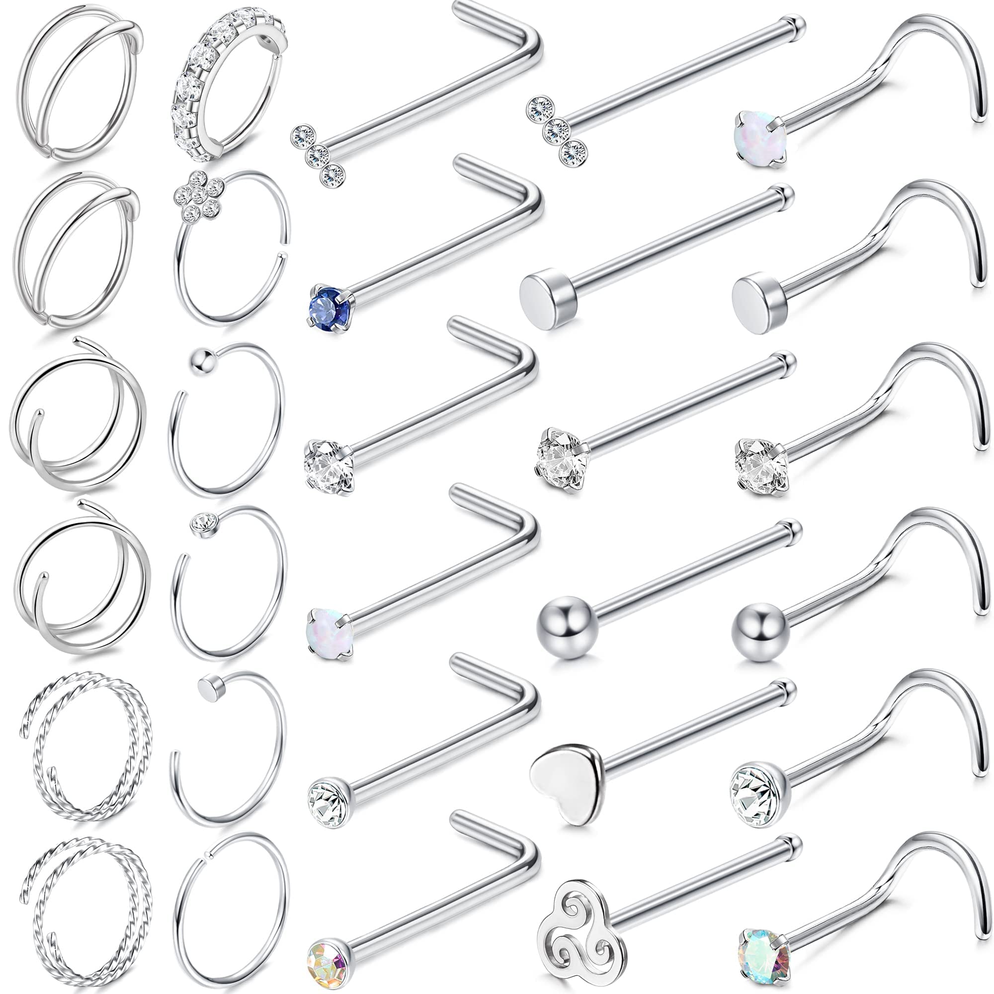 JeryWe JeryWe 30Pcs Nose Rings for Women 20G Nose Piercings Double Hoop Nose Ring for Single Piercing