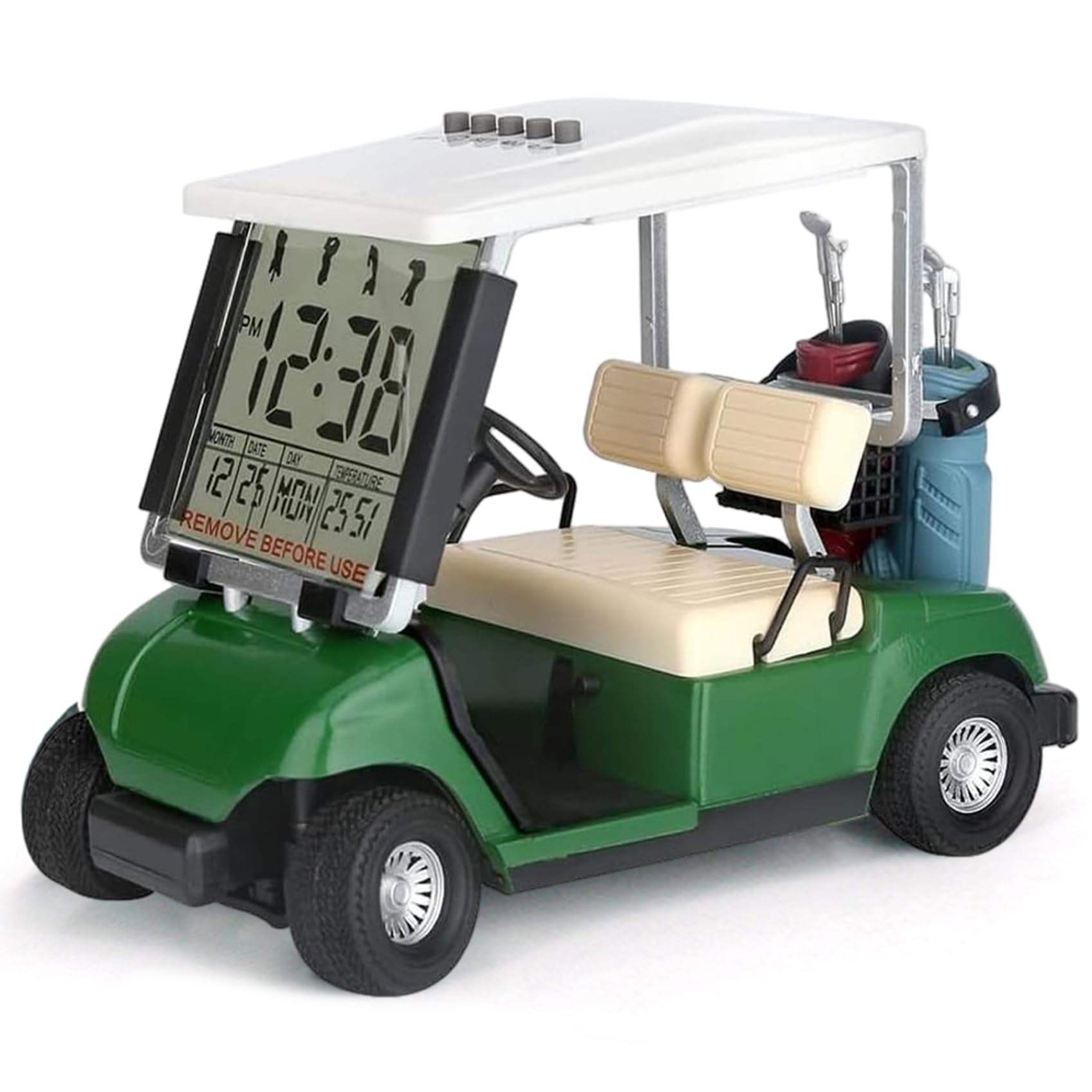 Reloj de escritorio con forma de carrito de golf mini y luz nocturna para mesita de noche