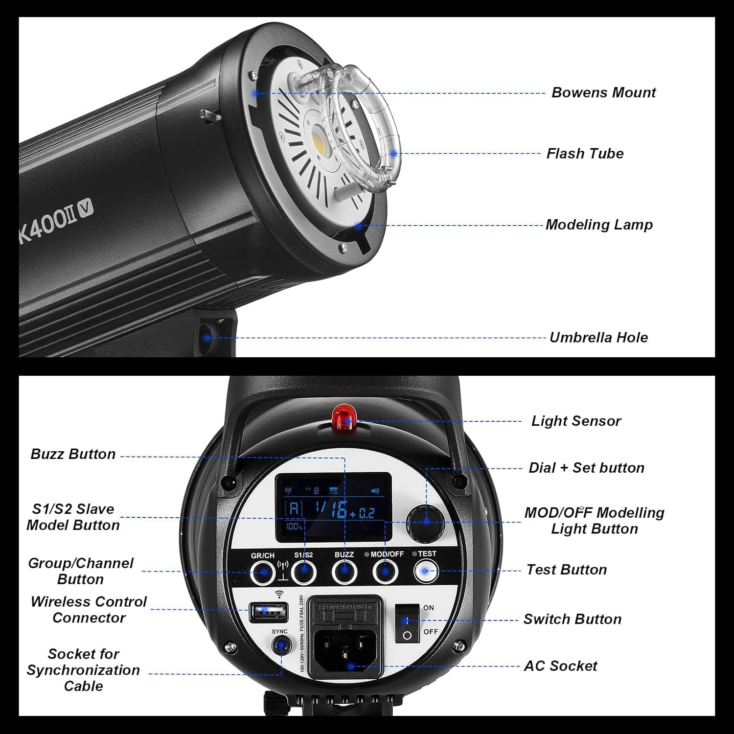 Godox SK400II-V SK400IIV Professional Upgrade LED Studio Flash, 400W 5600K 2.4G Wireless X System Bowens Mount Modelado Lámpara Studio Flash para Fotografía, Retrato y Fotografía de Estilo de Vida