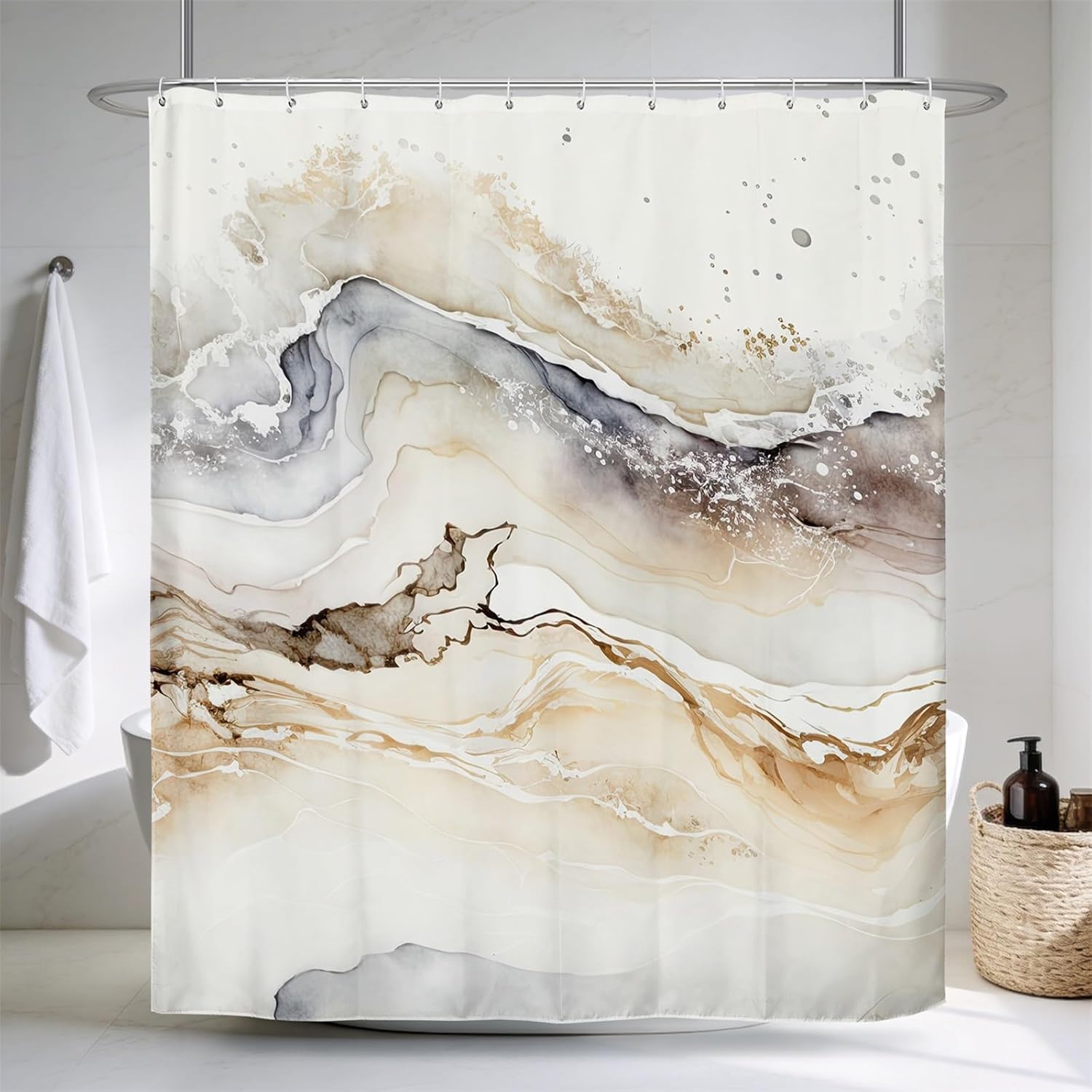 Renaiss Tan Marble Shower Curtain Modern Beige Waterproof Fabric Minimalist Shower Curtains Set Hooks Absract Taupe Ombre Aesthetic Luxury Hotel Bathroom Decorative Shower Curtain 72" W x 78" L