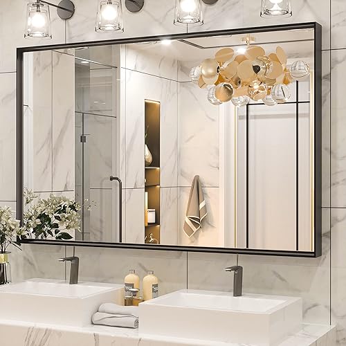 Keonjinn - Espejo con Marco Negro para Baño de 48 x 30 Pulgadas, Espejo Grande de Baño con Marco de Metal Negro Mate, Rectangular, para Pared, con