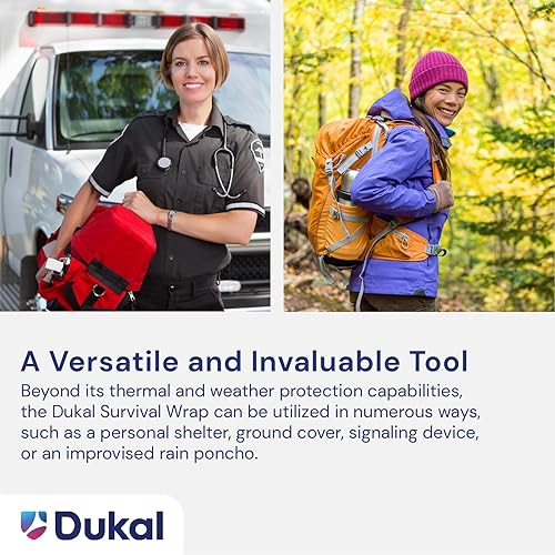 Miniatura 5 de Dukal Manta de supervivencia de emergencia 721 Mylar | Propiedades térmicas, almacenamiento conveniente | Protección contra el viento, la lluvia, el