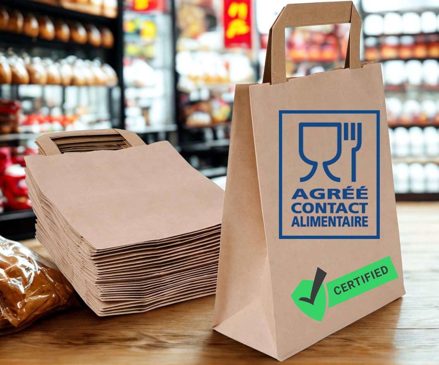 Sac Kraft Papier Recyclé | Fond Plat - Poignées Plates | Lot de 100 Sacs Cabas Haute Résistance | Apte Contact Alimentaire | Commerces - Alimentaire -Vente à Emporter - Cadeaux (32 + 22 X 28)