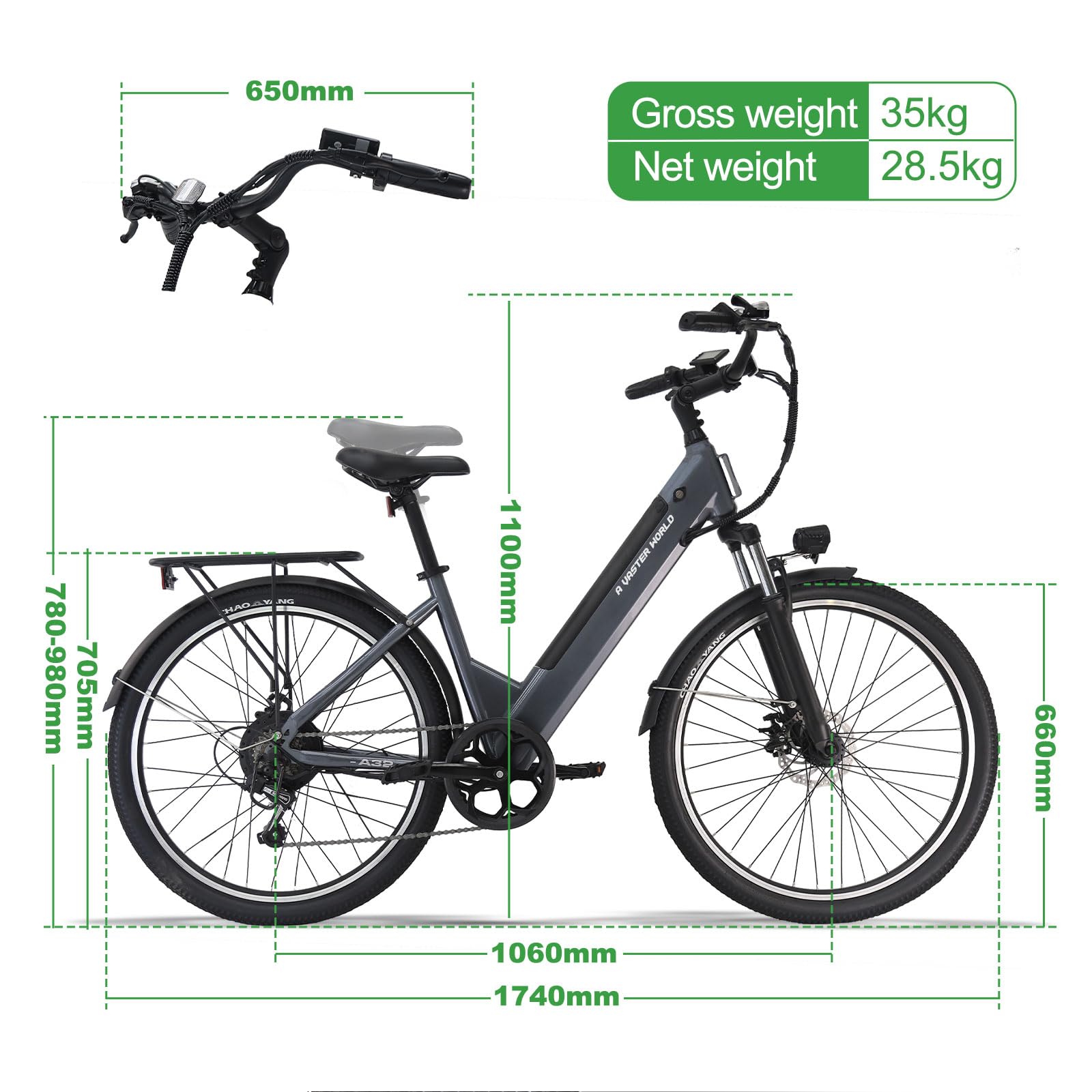 Bici Elettrica 26 Pollici Uomo Donna, Batteria 48V 7,8Ah, 25 km/h, 7 Velocità, Freni a Disco, Sospensione Anteriore, LED, Bicicletta Elettrica per Città