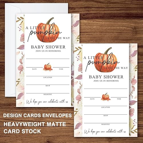 Miniatura 2 de JY023 - Invitaciones para baby shower de otoño con diseño de calabaza dulce está en camino, hojas de otoño, tema de otoño, paquete de 20 tarjetas de
