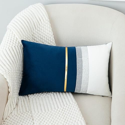 Miniatura 2 de VOGOL Funda de cojín de retazos verde oscuro con cuero a rayas doradas, funda de almohada decorativa para sofá, 18 x 18 pulgadas