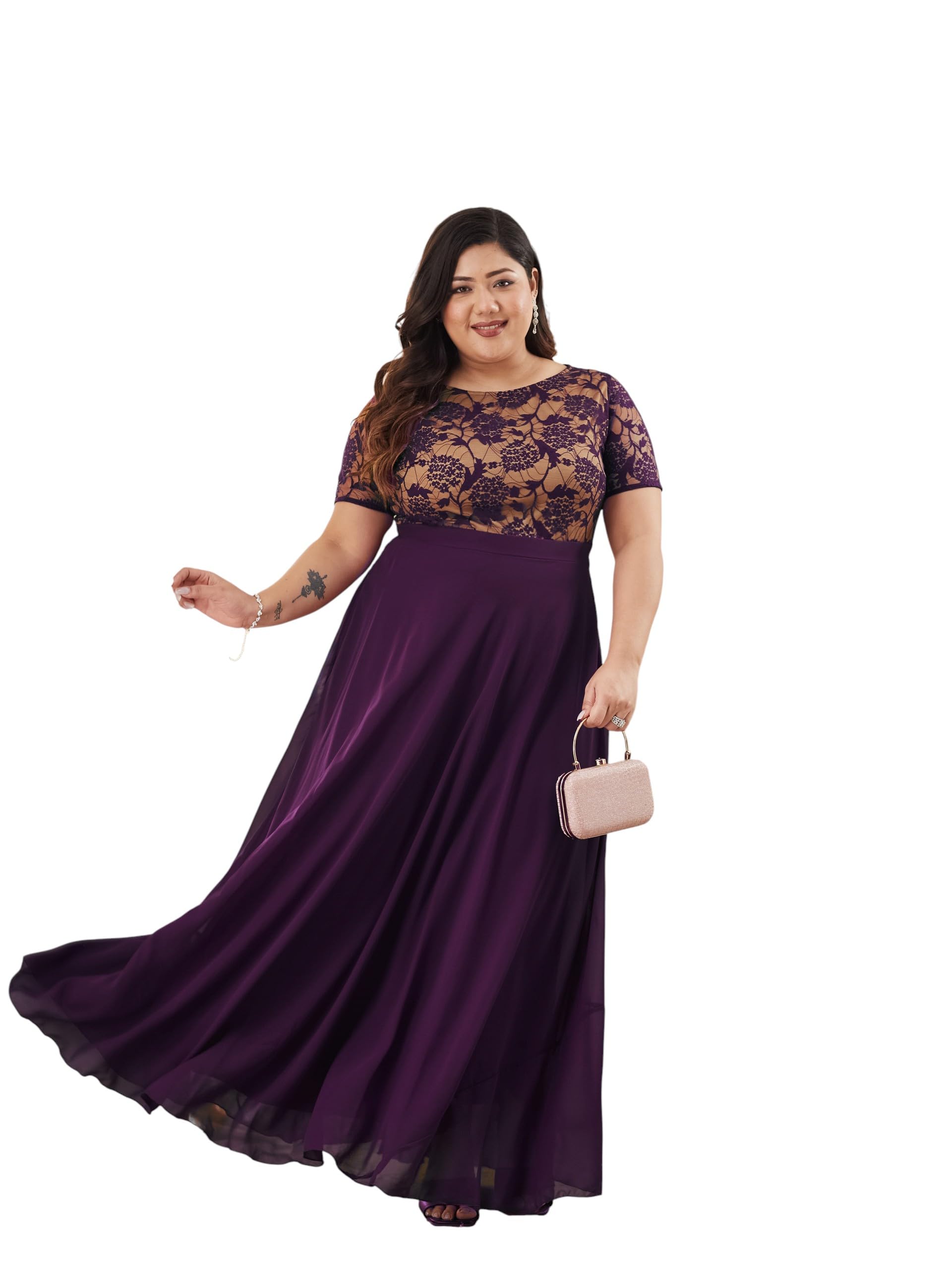 miss chase a+ Women's Round Neck Half Sleeve Self Design Fit Flare Georgette Maxi Dress-picture-22