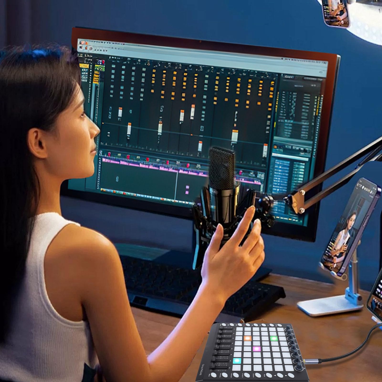RiToEasysports Controlador MIDI, 48 almohadillas RGB retroiluminadas con 8 perillas y 8 atenuadores, Pad MIDI portátil USB para producción música, DJ y estudio en vivo