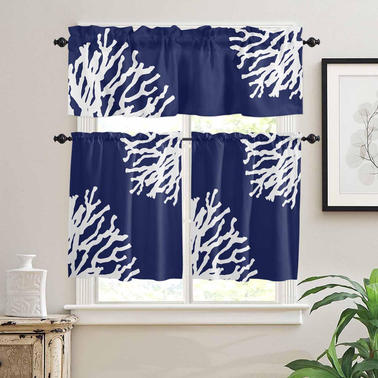 Coral Navy Blue Kitchen Curtains 24 Inch Length, 3 Piece Rod Pocket Small Half Tiers and Valance Set, Coastal Ocean Marine Nautical Beach Small Large Window Treatment Decor for Bedroom/Bathroom Sink