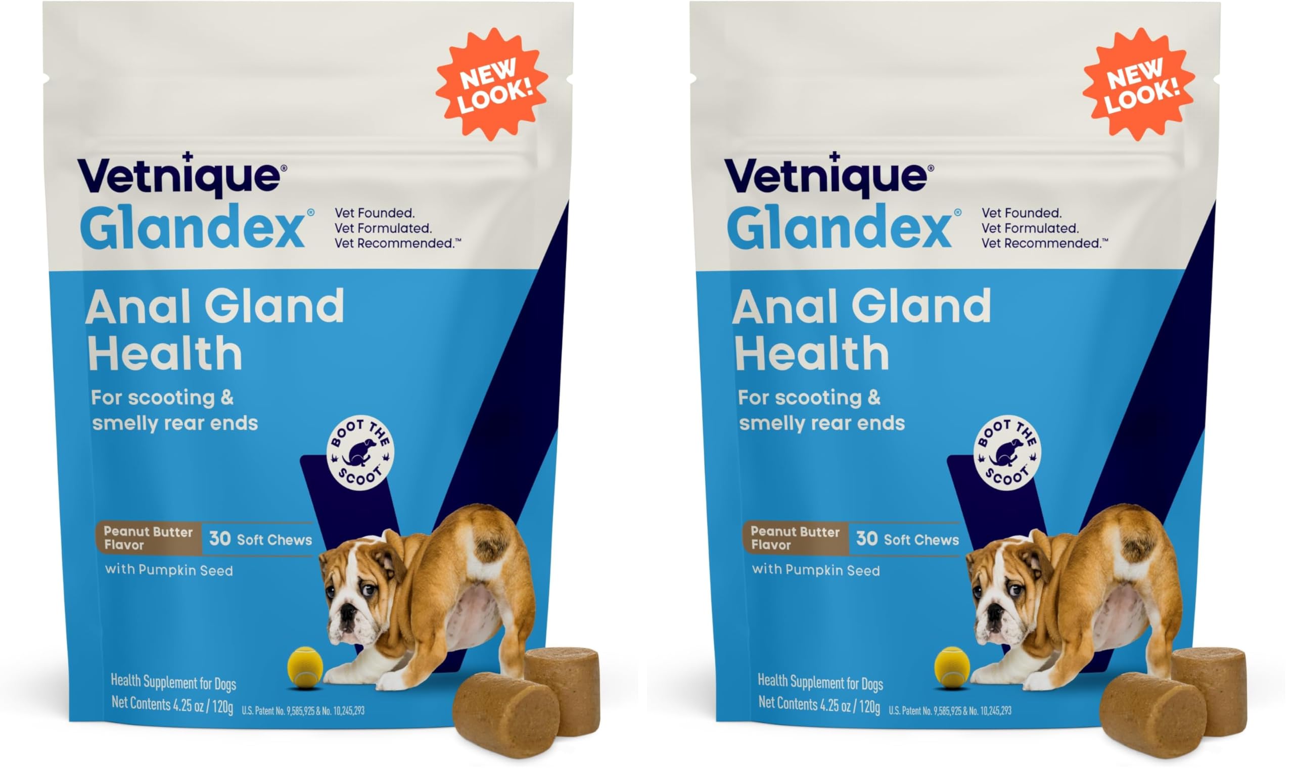 Vetnique Glandex Anal Gland Soft Chew Treats with Pumpkin for Dogs Digestive Enzymes, Probiotics Fiber Supplement for Dogs Boot The Scoot (30ct, Peanut Butter Chews) (Pack of 2)