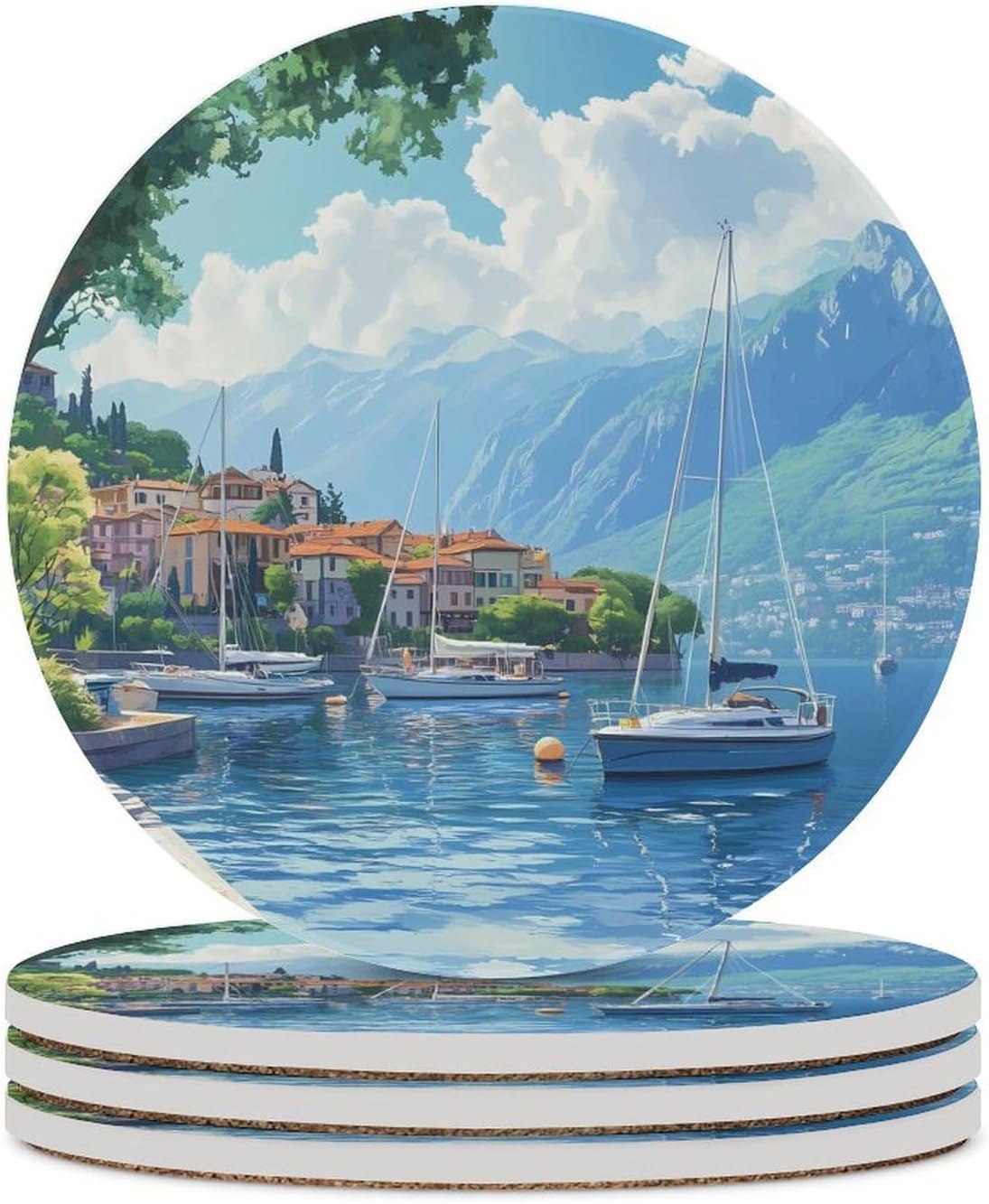 Italy Lake Como Boat Coasters for Drink Round Ceramic Coaster with Cork Base Home Decorative 4PCS