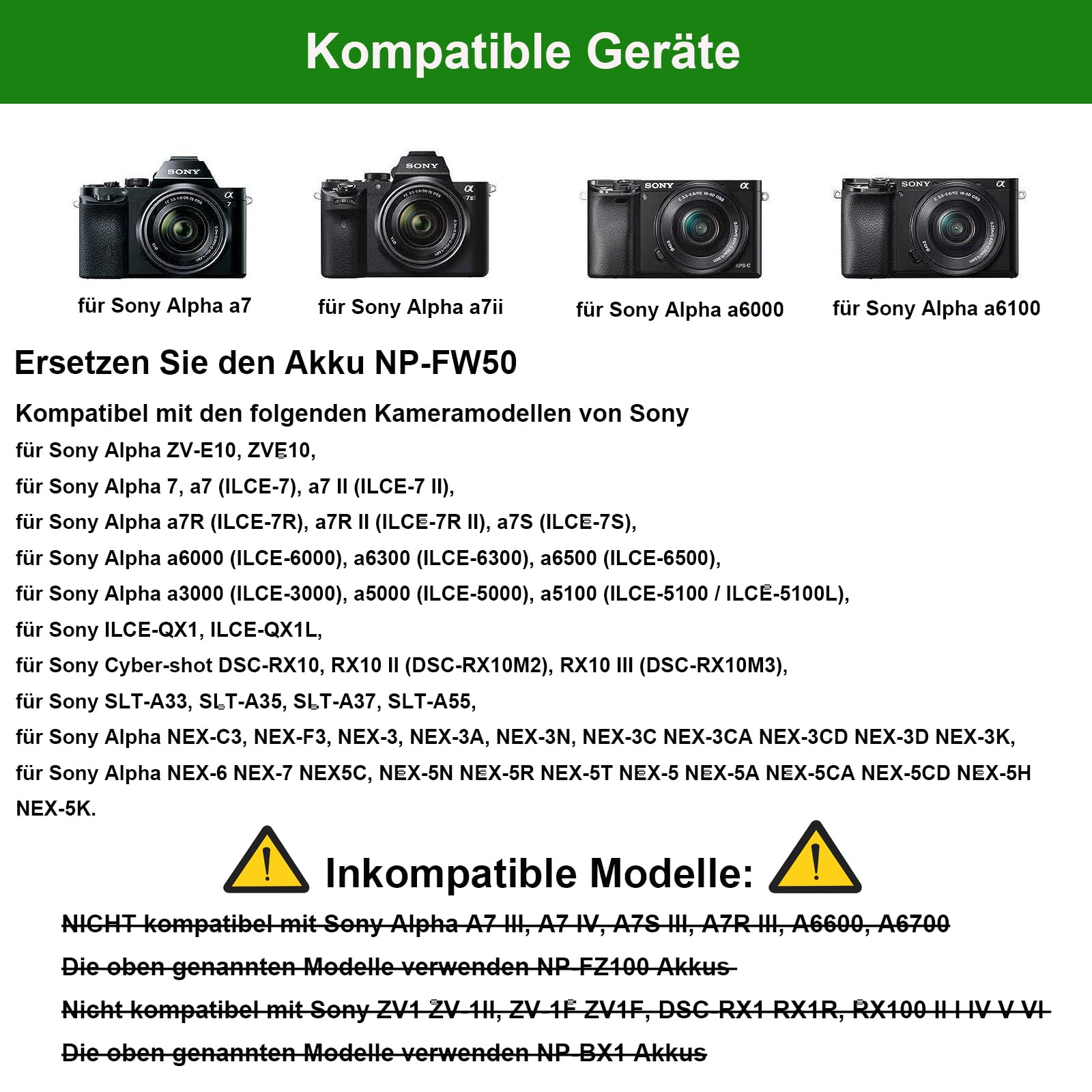 AC-PW20 Netzteil NP-FW50 Dummy Akku Kit für Sony Alpha ZV-E10 A7 A7R A7S A7II A7RII A7SII A6500 A6400 A6300 A6100 A6000 A5100 A5000 RX10 II III IV NEX-3 NEX-5 NEX-7